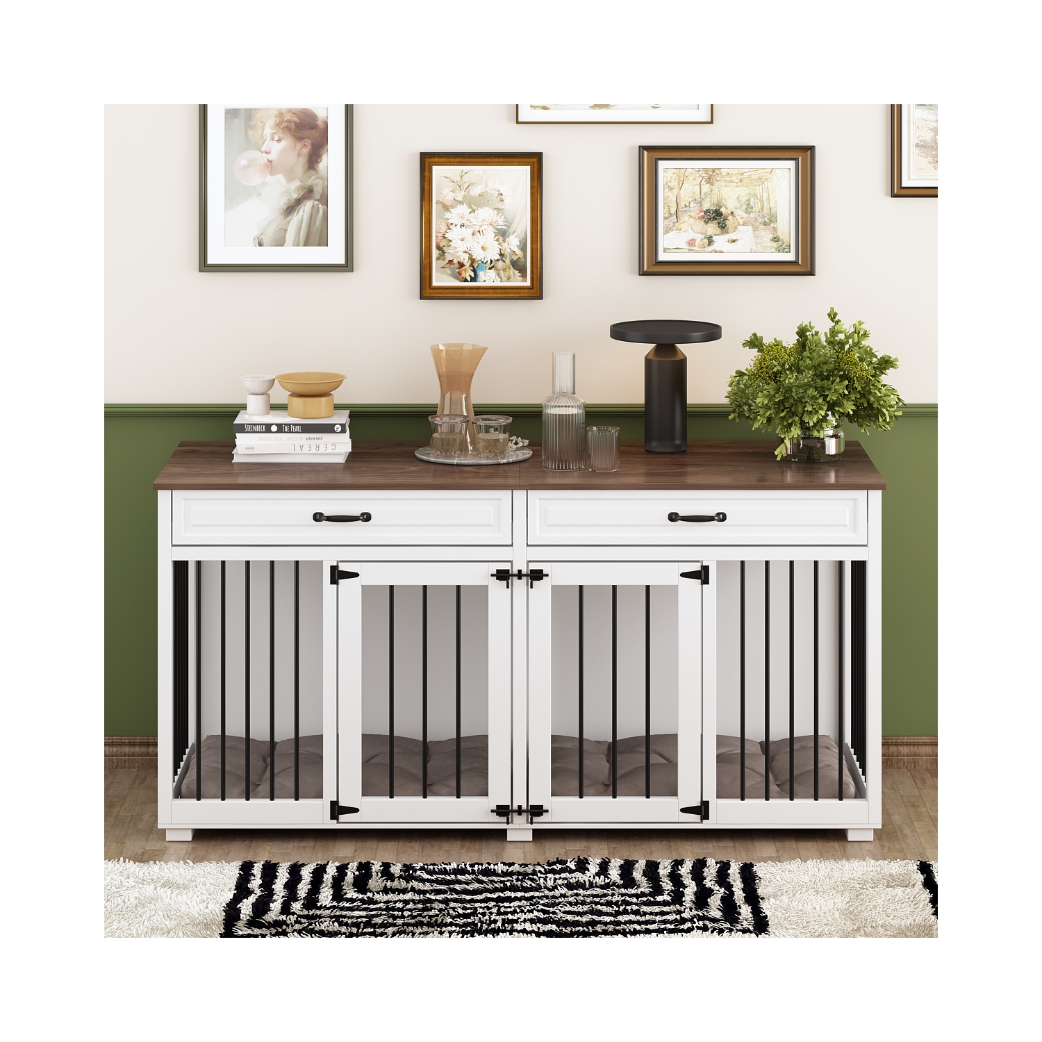 Homsee Large Double-Door Dog Crate Cabinet with Drawers and Spacious Compartments, White