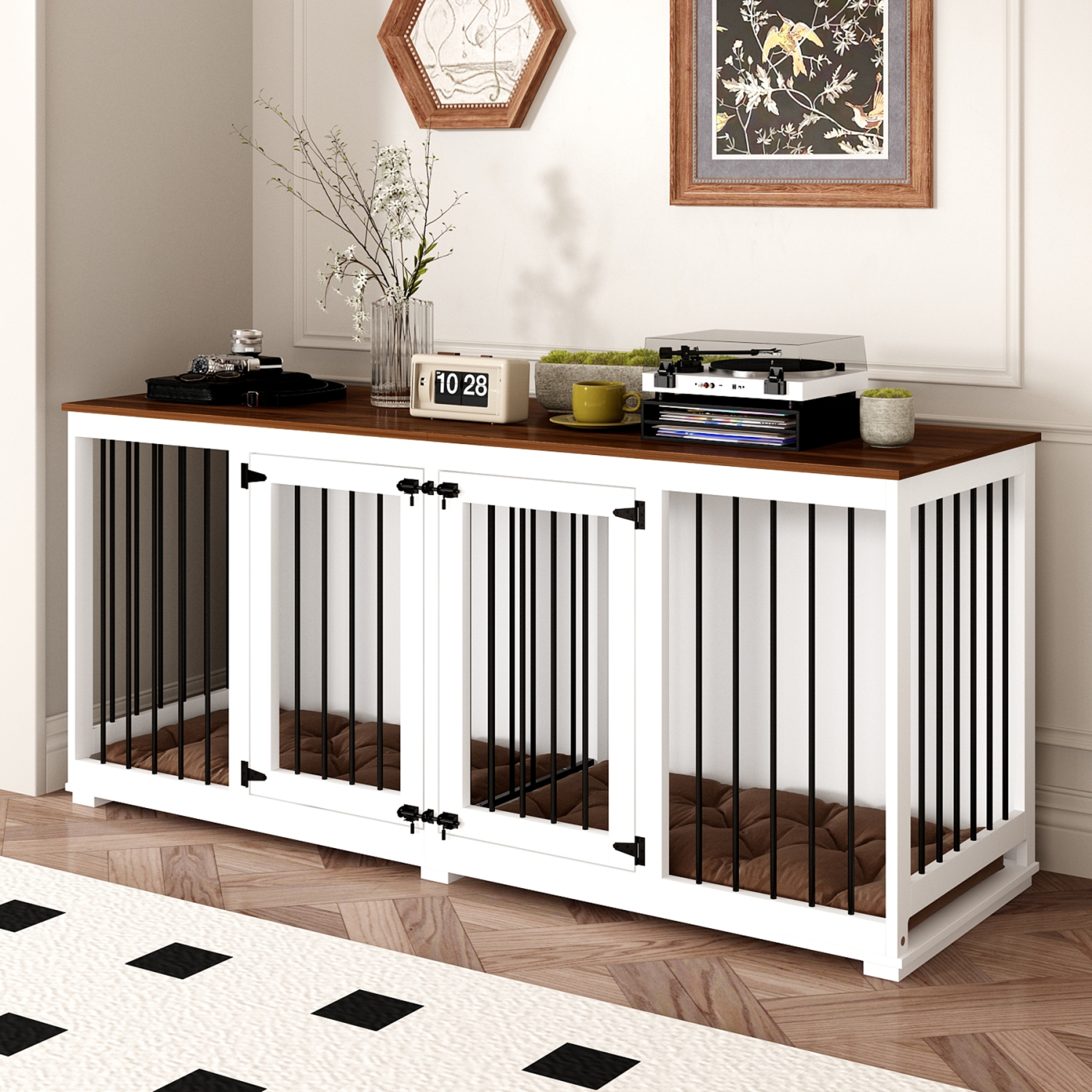 Homsee Large Double-Door Dog Crate Cabinet with Spacious Compartments White