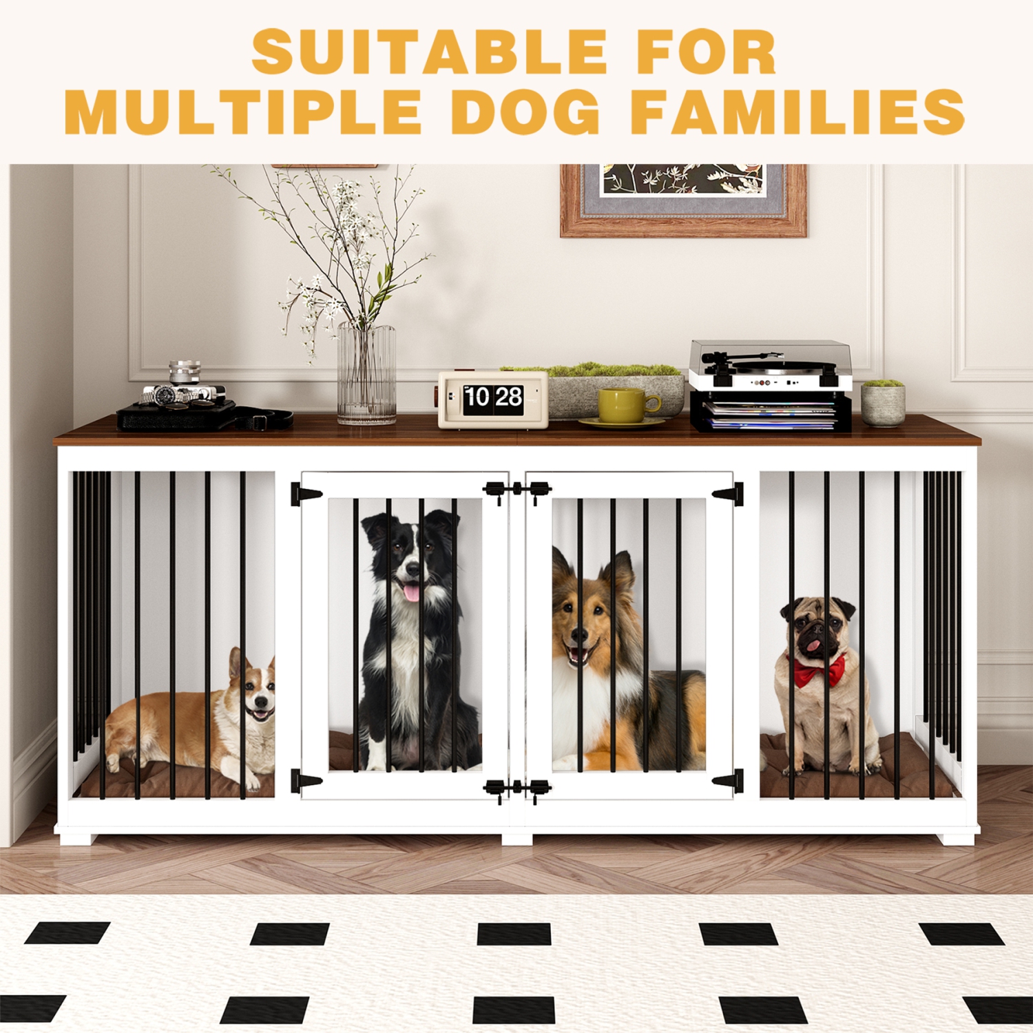 Homsee Large Double-Door Dog Crate Cabinet with Spacious Compartments White