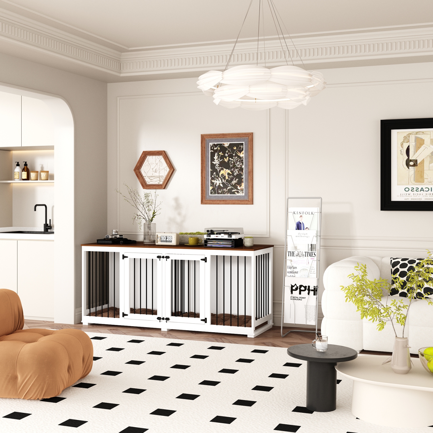 Homsee Large Double-Door Dog Crate Cabinet with Spacious Compartments White