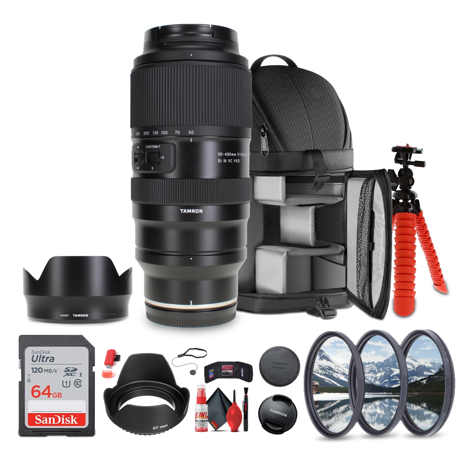 Objectif 50-400&nbsp;mm f/4,5-6,3 Di III VC VXD de Tamron + sac à dos à bandoulière + plus