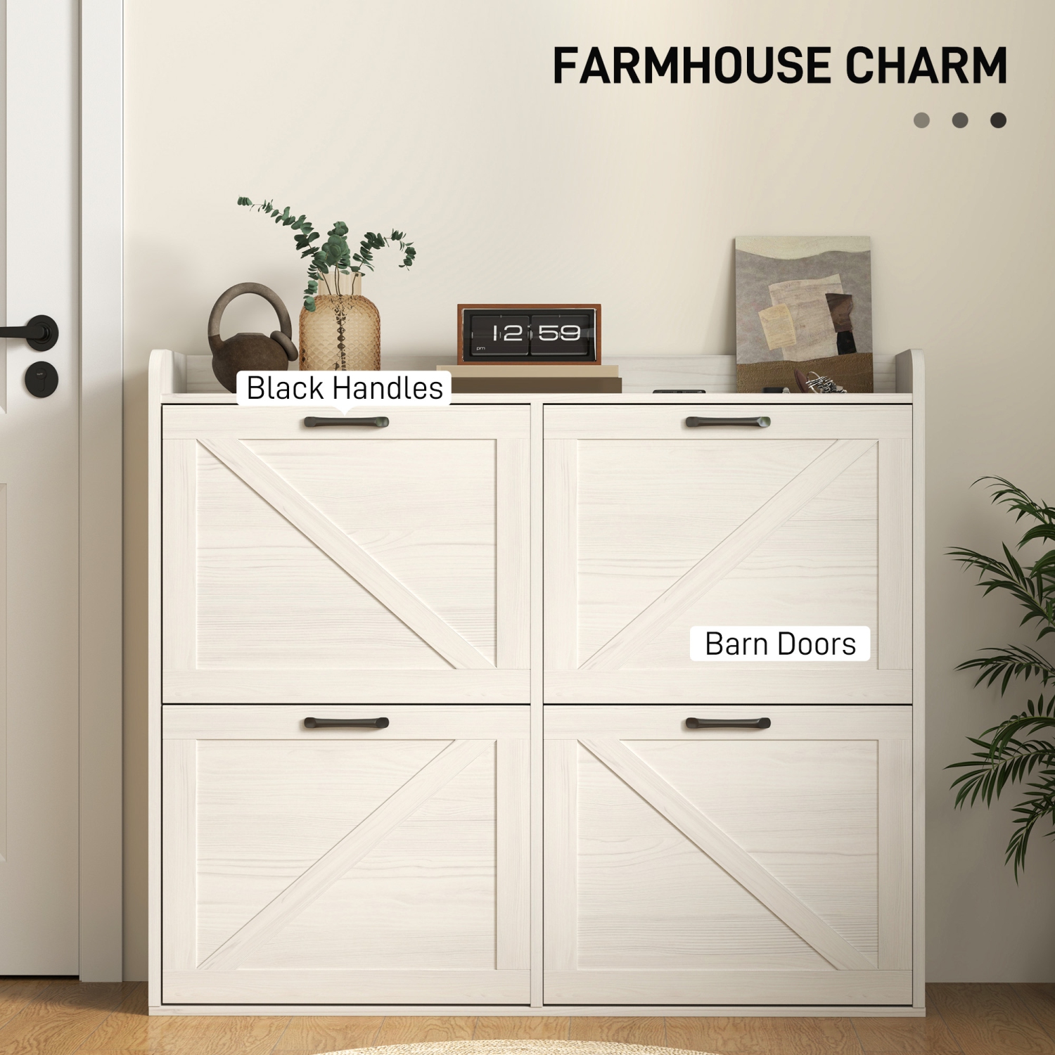 HOMCOM Narrow Shoe Cabinet for Entryway, Farmhouse Slim Shoe Storage Cabinet with 4 Flip Drawers, Adjustable Shelves, Open Compartment and Barn Doors