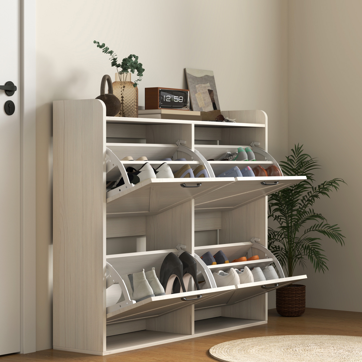 HOMCOM Narrow Shoe Cabinet for Entryway, Farmhouse Slim Shoe Storage Cabinet with 4 Flip Drawers, Adjustable Shelves, Open Compartment and Barn Doors