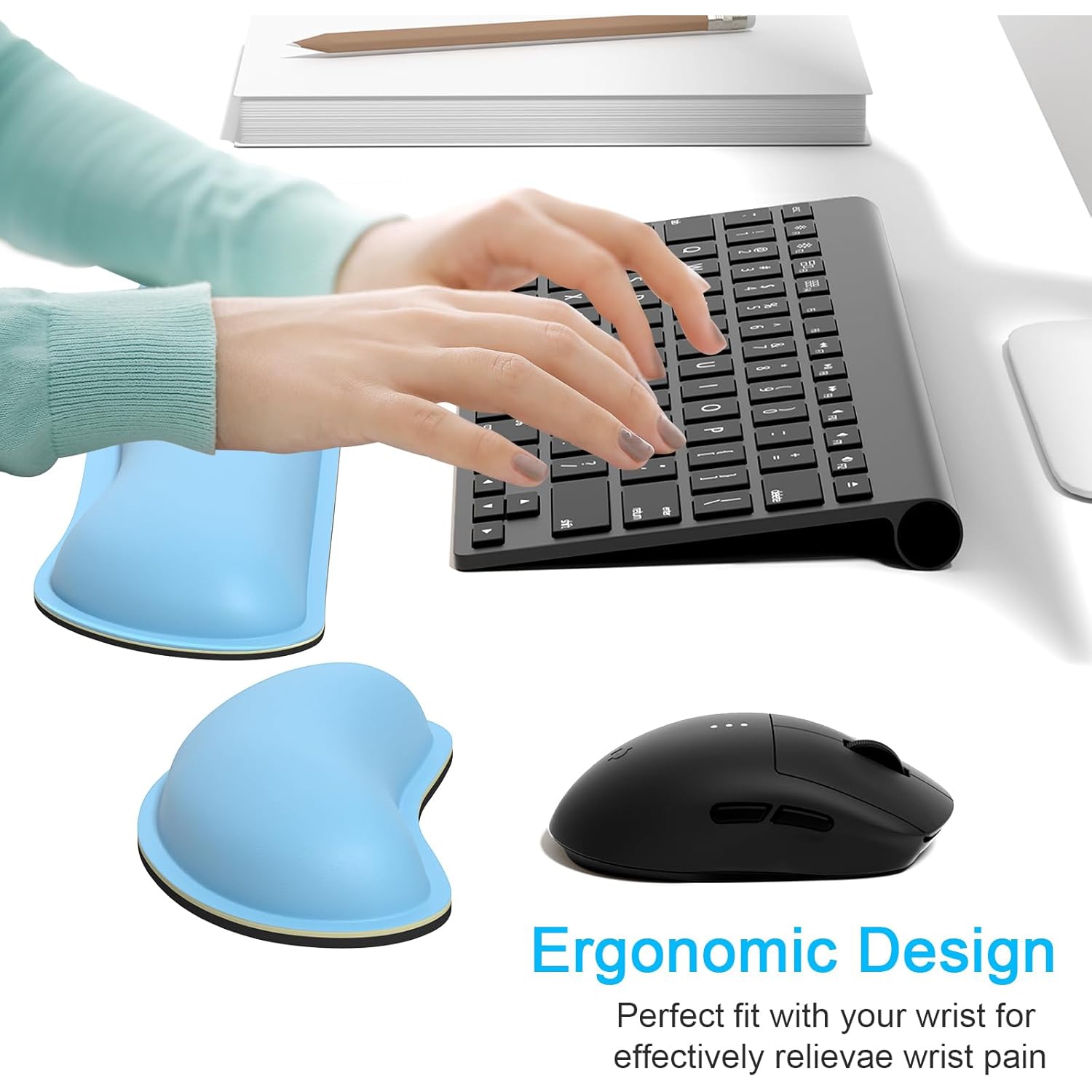 Repose-poignet de souris, repose-poignet ergonomique en mousse à mémoire, coussin de repose-mains en cuir pour le jeu, le bureau, le portable, bleu
