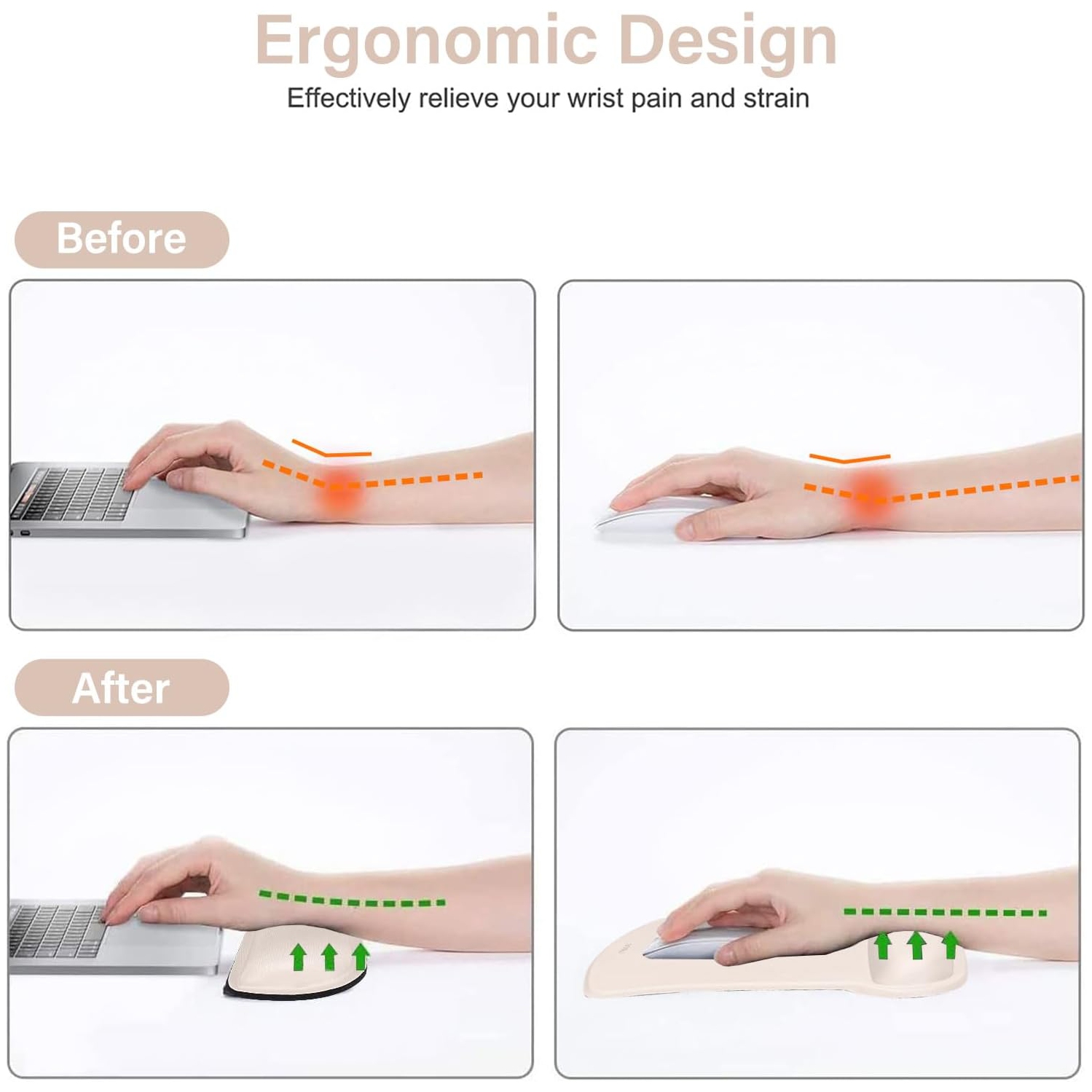 Repose-poignets pour tapis de souris et clavier, base antidérapante ergonomique pour soulager la douleur à la maison/au bureau, abricot