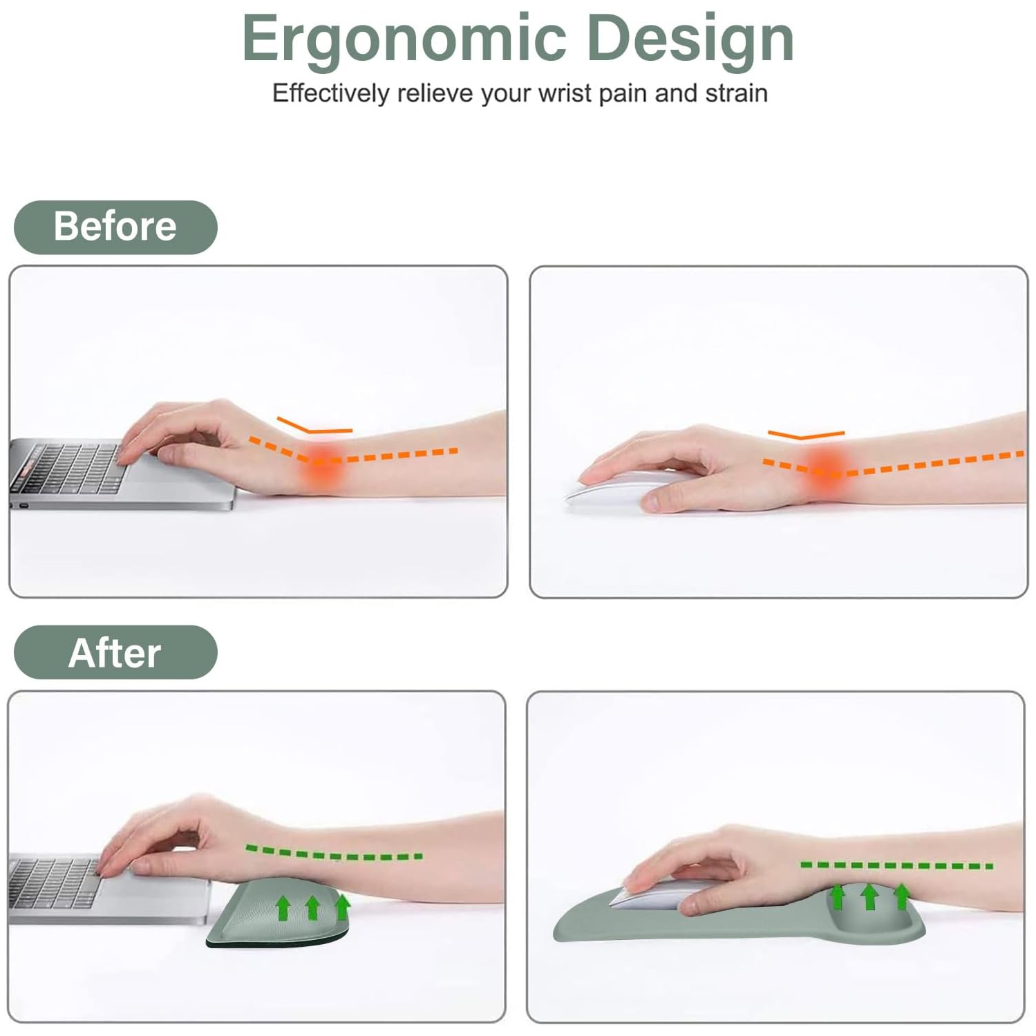 Repose-poignets pour tapis de souris et clavier, base antidérapante ergonomique pour soulager la douleur à la maison/au bureau, vert antique