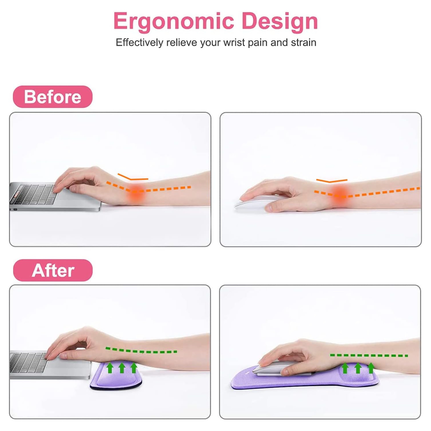 Repose-poignets pour tapis de souris et clavier, base antidérapante ergonomique pour soulagement de la douleur pour la maison/le bureau, violet pâle