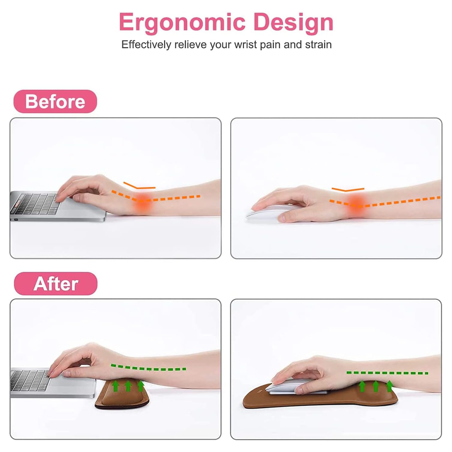 Repose-poignets pour tapis de souris et clavier, base antidérapante ergonomique pour soulager la douleur à la maison/au bureau, brun