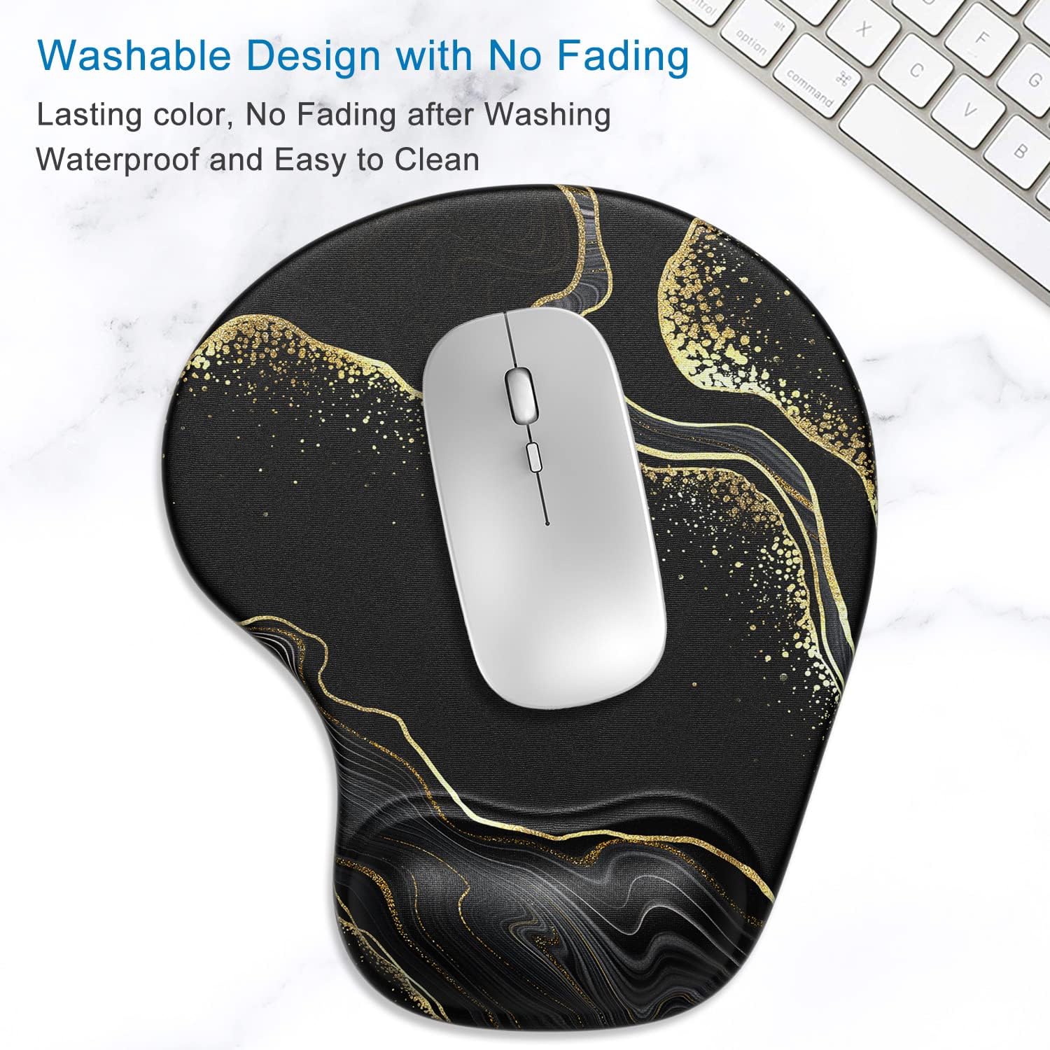 Ergonomic Mouse Pad with Gel Wrist Support Wrist Rest Smooth Surface Non-Slip PU Base Comfortable Office Supplies Pain Relief, Black Gold Marbling