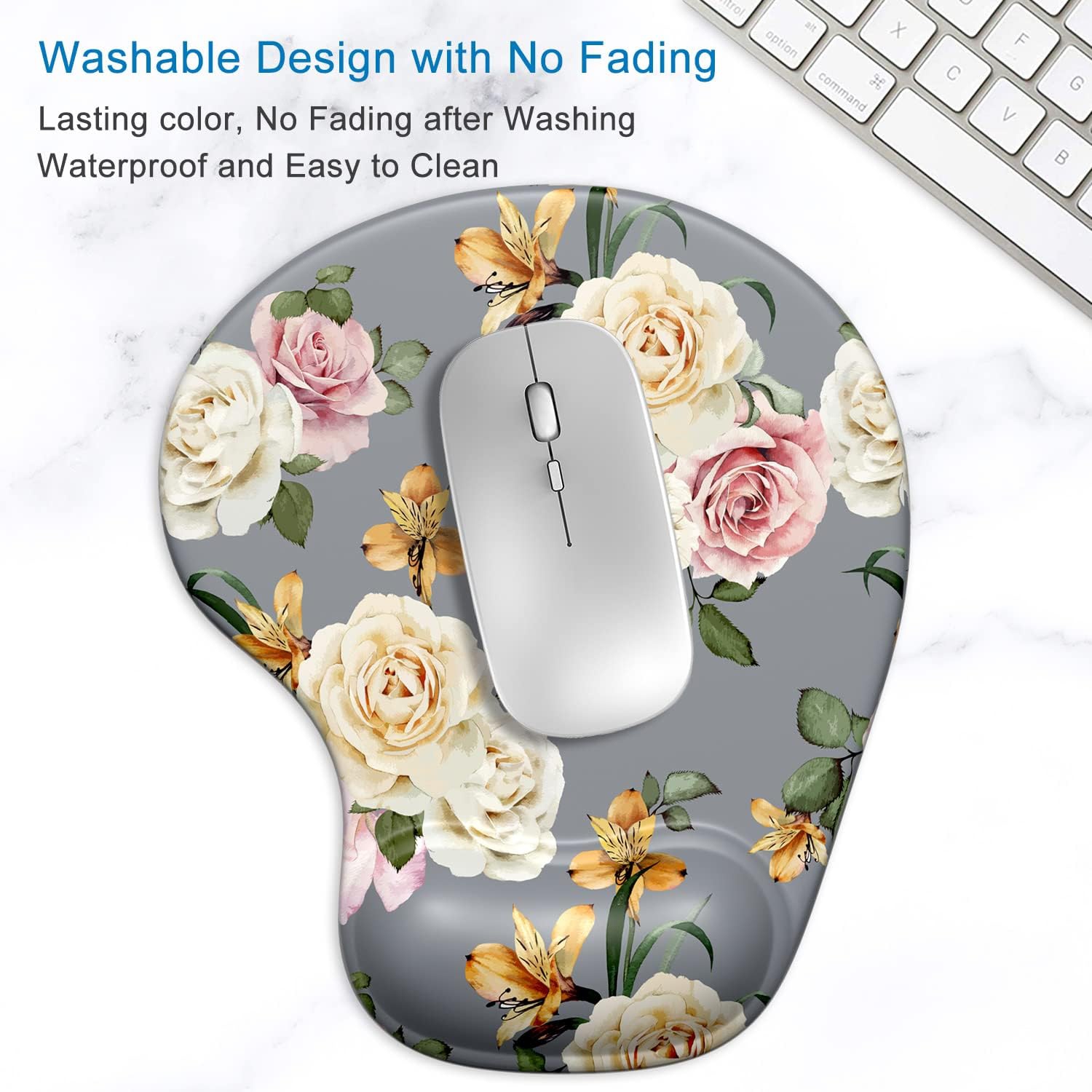 Ergonomic Mouse Pad with Gel Wrist Support Wrist Rest Smooth Surface Non-Slip PU Base Comfortable Office Supplies Pain Relief, White Rose