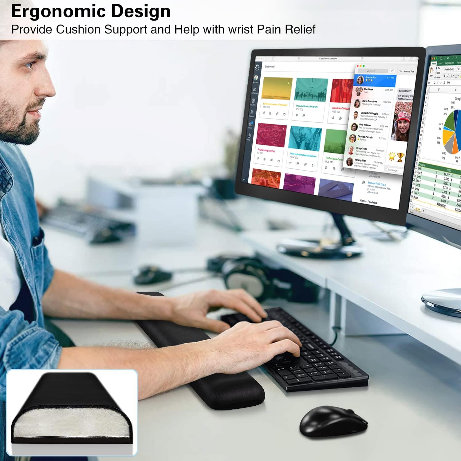 Mouse Wrist Rest, Memory Foam Soft Fabric Mouse Wrist Rest Pad Support Cushion with Anti-Skid Rubber Base, Black-keyboard Pad