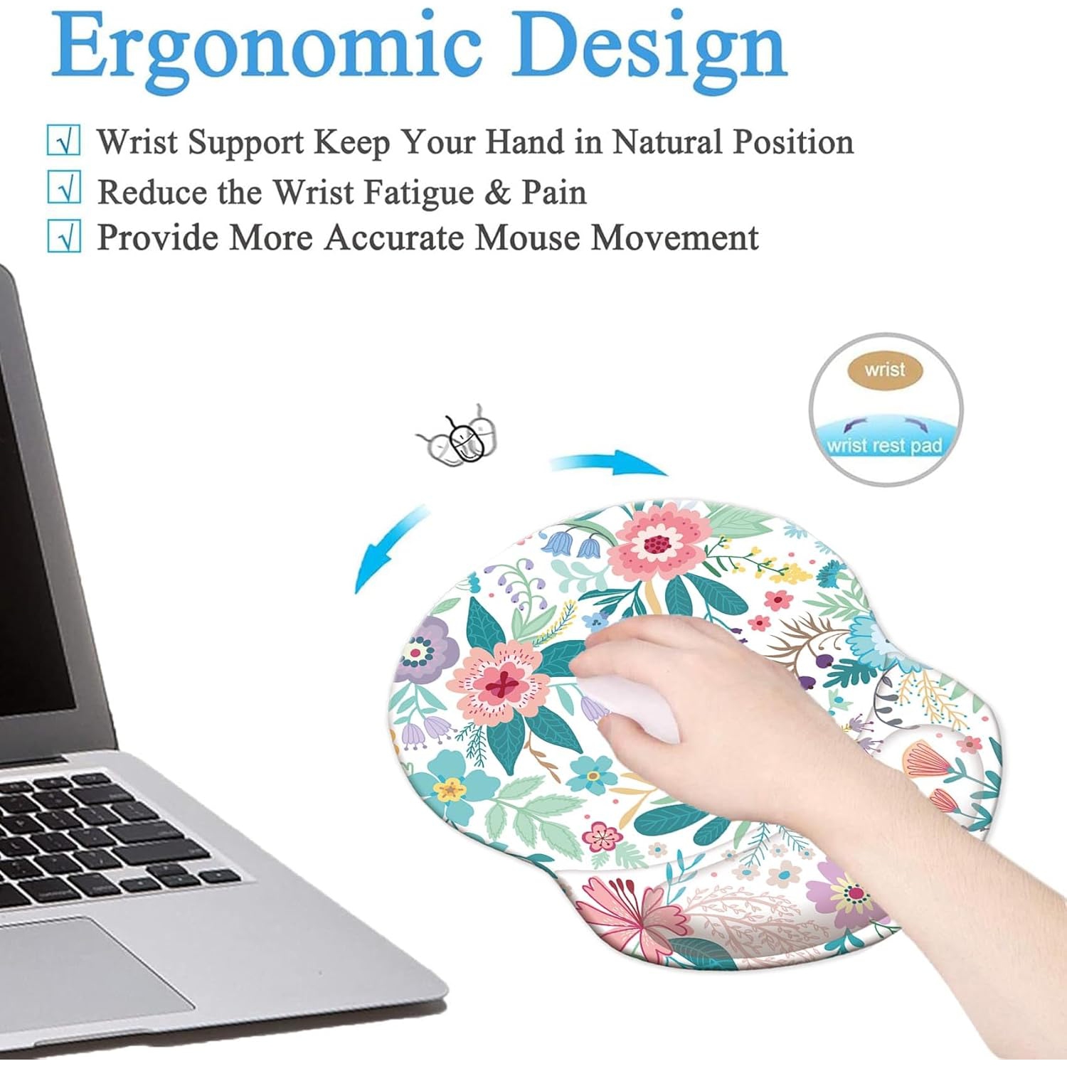 Mouse Pad Ergonomic Mouse Pad with Wrist Support, Pain Relief Comfort Wrist Rest Pad with Non-Slip PU Base for Gaming, Office,Pretty Flowers