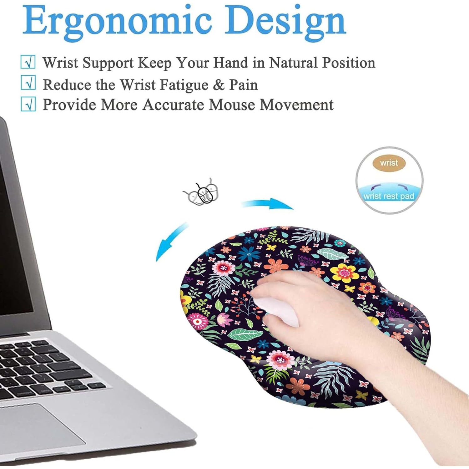 Mouse Pad Ergonomic Mouse Pad with Wrist Support, Pain Relief Comfort Wrist Rest Pad with Non-Slip PU Base for Gaming, Office,Flower Blooming