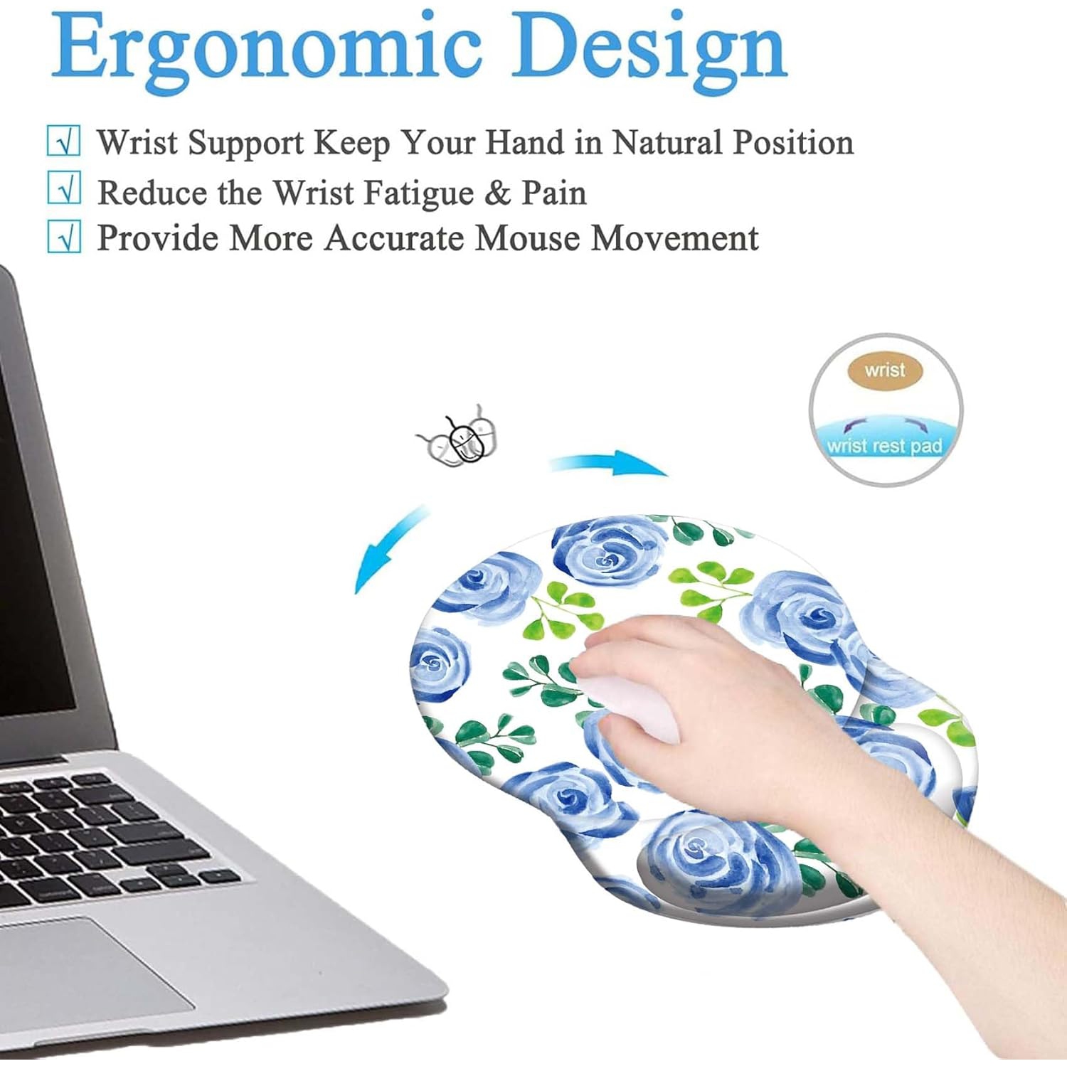 Mouse Pad Ergonomic Mouse Pad with Wrist Support, Pain Relief Comfort Wrist Rest Pad with Non-Slip PU Base for Gaming, Office,Watercolor Blue Rose