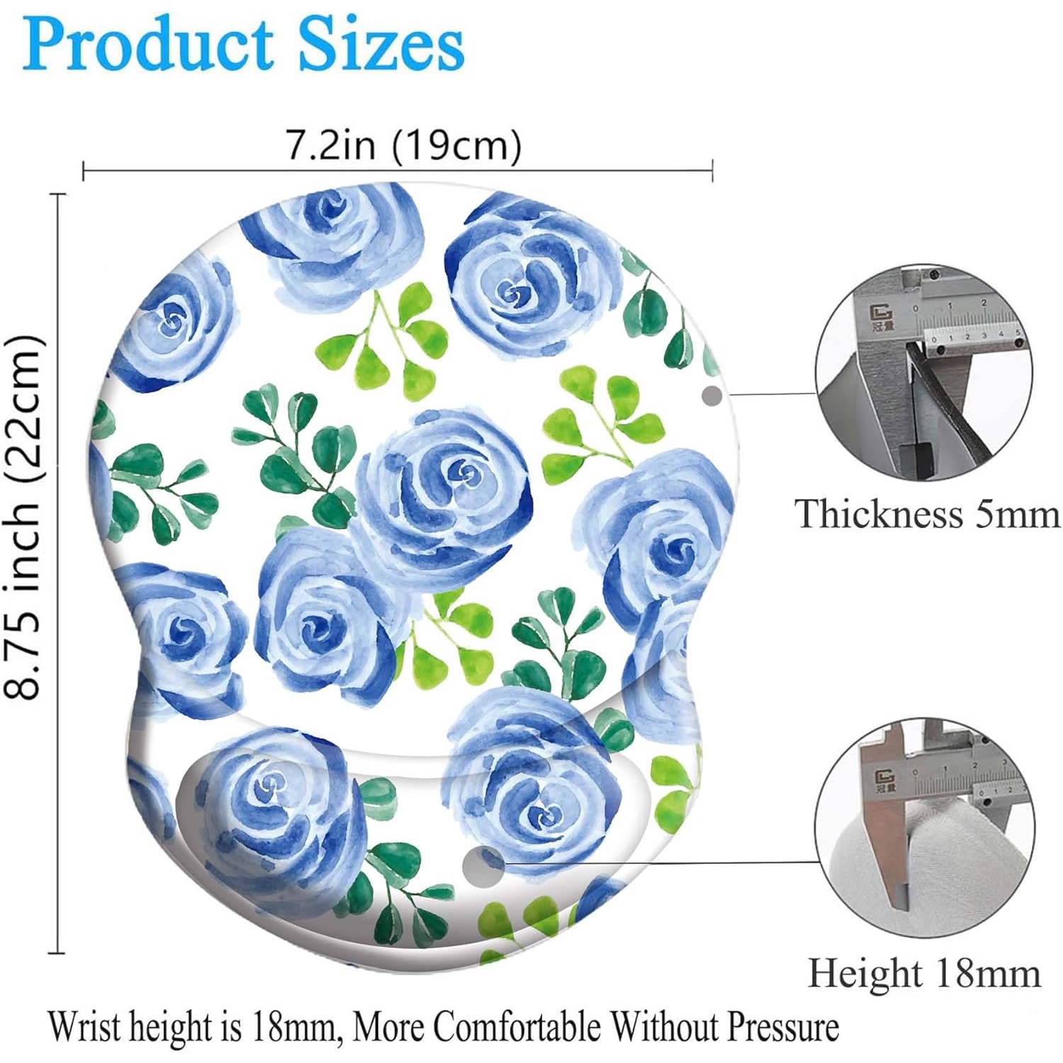 Mouse Pad Ergonomic Mouse Pad with Wrist Support, Pain Relief Comfort Wrist Rest Pad with Non-Slip PU Base for Gaming, Office,Watercolor Blue Rose