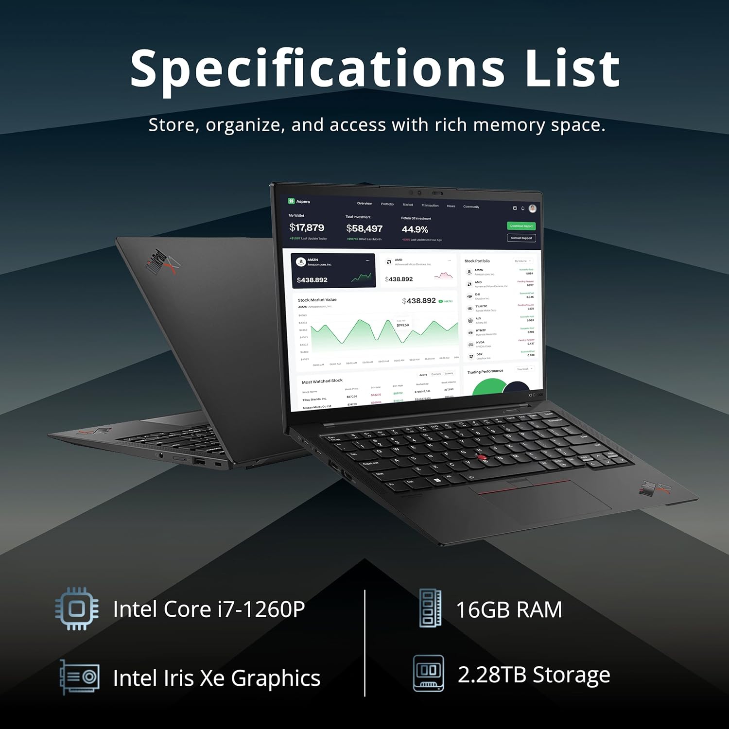 Lenovo ThinkPad X1 Carbon Laptop, Intel i7-1260P, 14" WUXGA IPS Display, 16GB RAM, 2.28TB Storage, Backlit Keyboard, Wi-Fi 6E, Win 11 Pro, Black