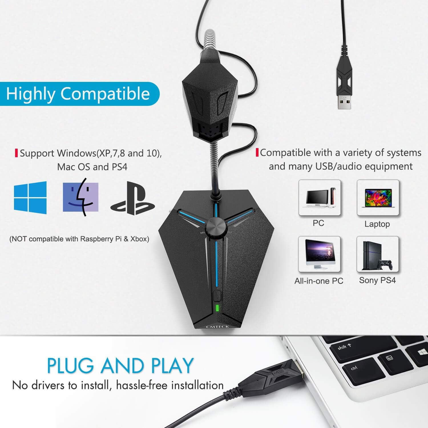 USB Computer Microphone, Plug &Play Desktop Condenser PC Laptop Mic, Mute Button with LED Indicator, Compatible with Windows/Mac for YouTube,