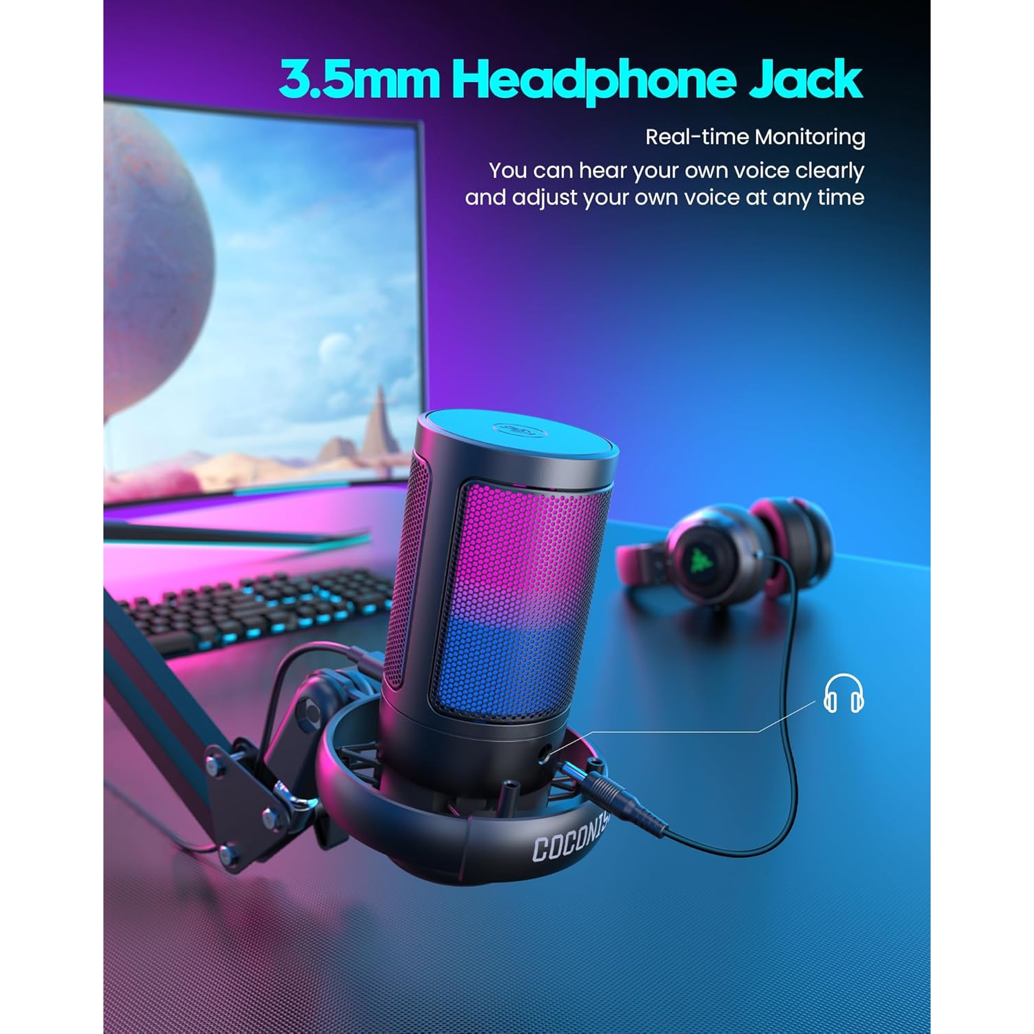 Gaming Microphone, USB PC Mic for Podcasts Videos, Streaming, Condenser Mic with Quick Mute, Tripod Stand, Compatible with PS4/5/PC, With Boom Arm