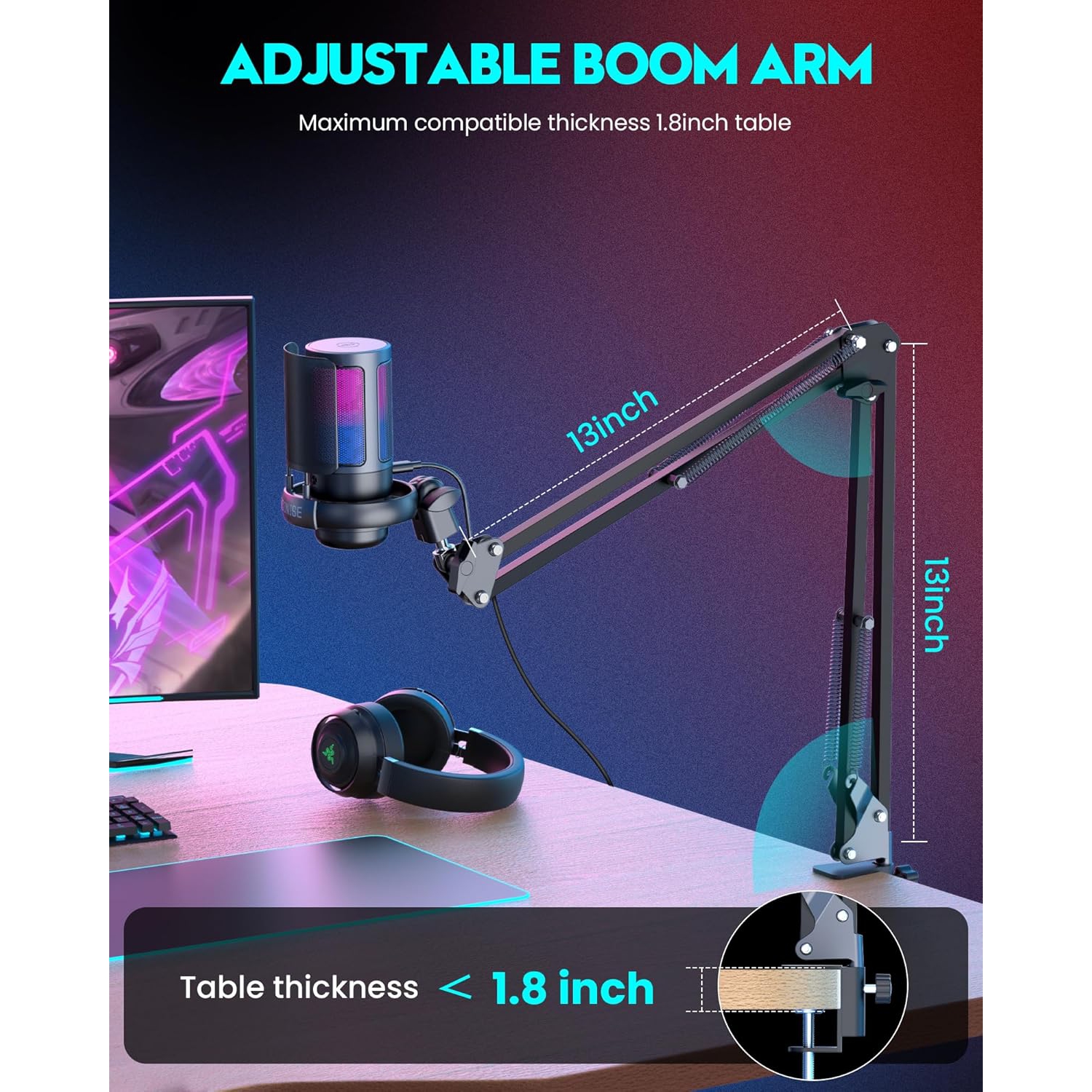 Gaming Microphone, USB PC Mic for Podcasts Videos, Streaming, Condenser Mic with Quick Mute, Tripod Stand, Compatible with PS4/5/PC, With Boom Arm