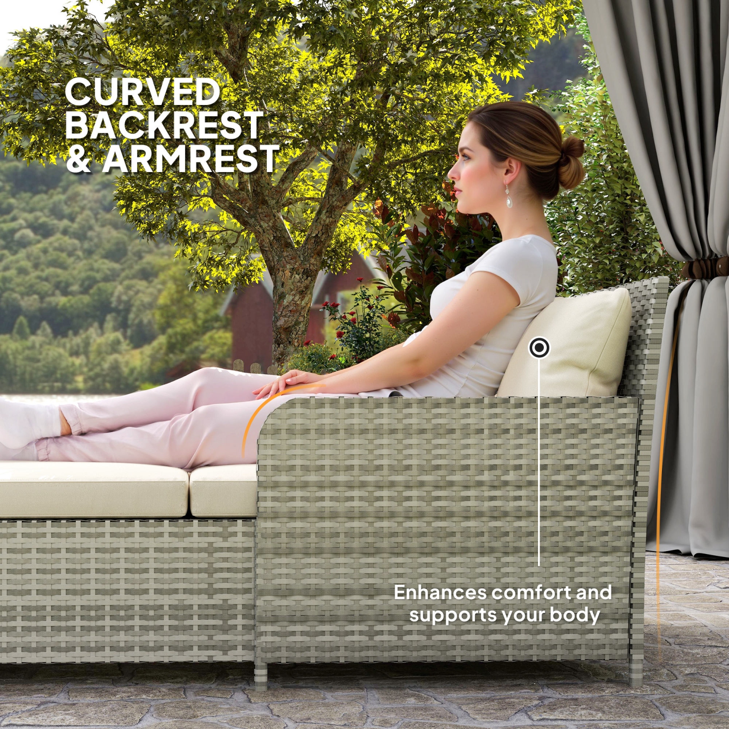 Lit de repos d'extérieur en rotin Outsunny, sofa de patio 2 places en lit ensoleillé avec coussins doux, 4 oreillers, dossier et accoudoirs incurvés,