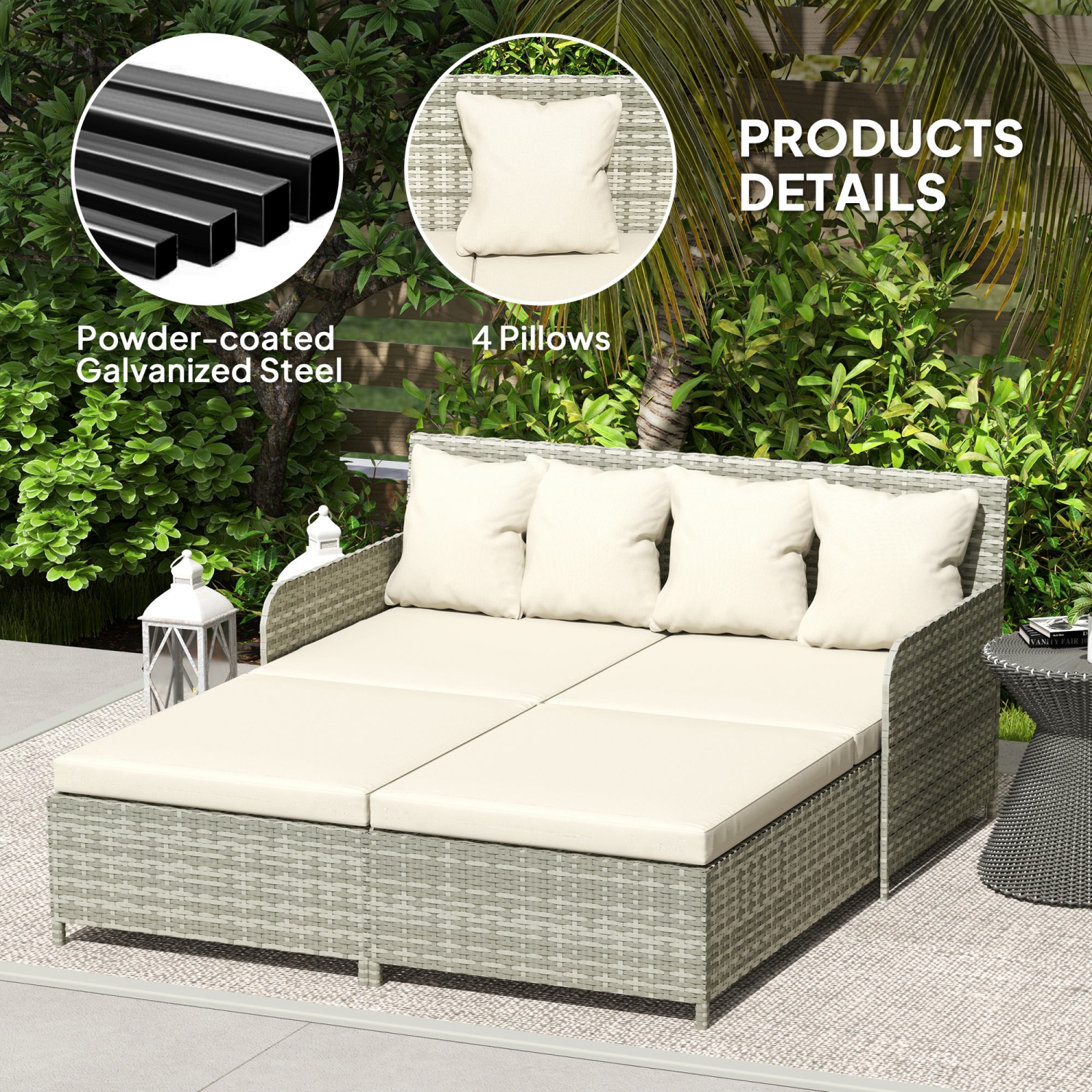 Lit de repos d'extérieur en rotin Outsunny, sofa de patio 2 places en lit ensoleillé avec coussins doux, 4 oreillers, dossier et accoudoirs incurvés,