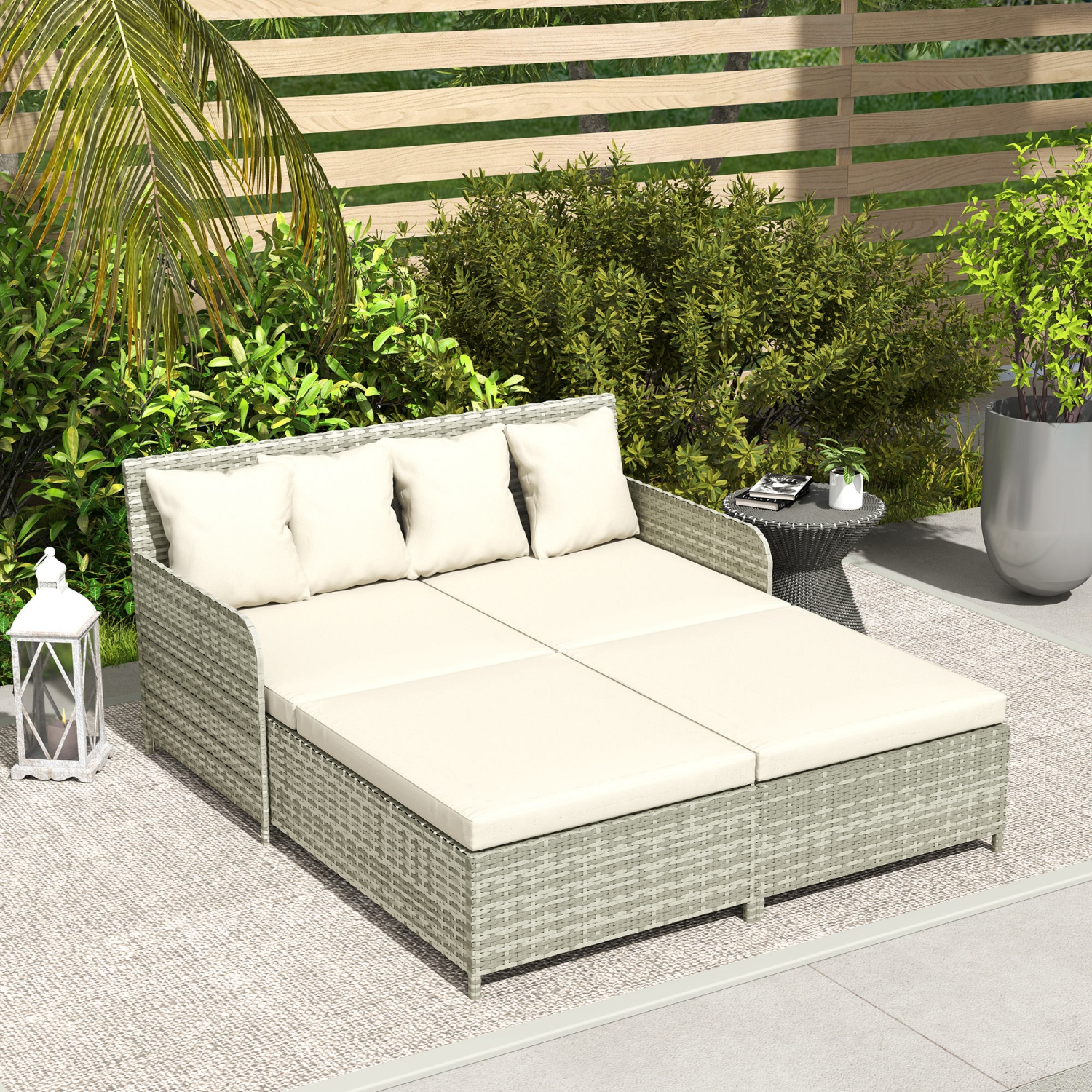 Lit de repos d'extérieur en rotin Outsunny, sofa de patio 2 places en lit ensoleillé avec coussins doux, 4 oreillers, dossier et accoudoirs incurvés,