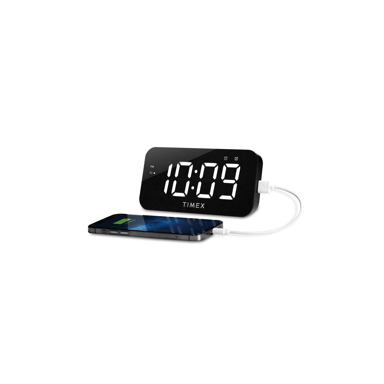 Timex – Réveille-matin à deux alarmes avec grand écran LED, recharge USB et pile de secours, noir - T1320