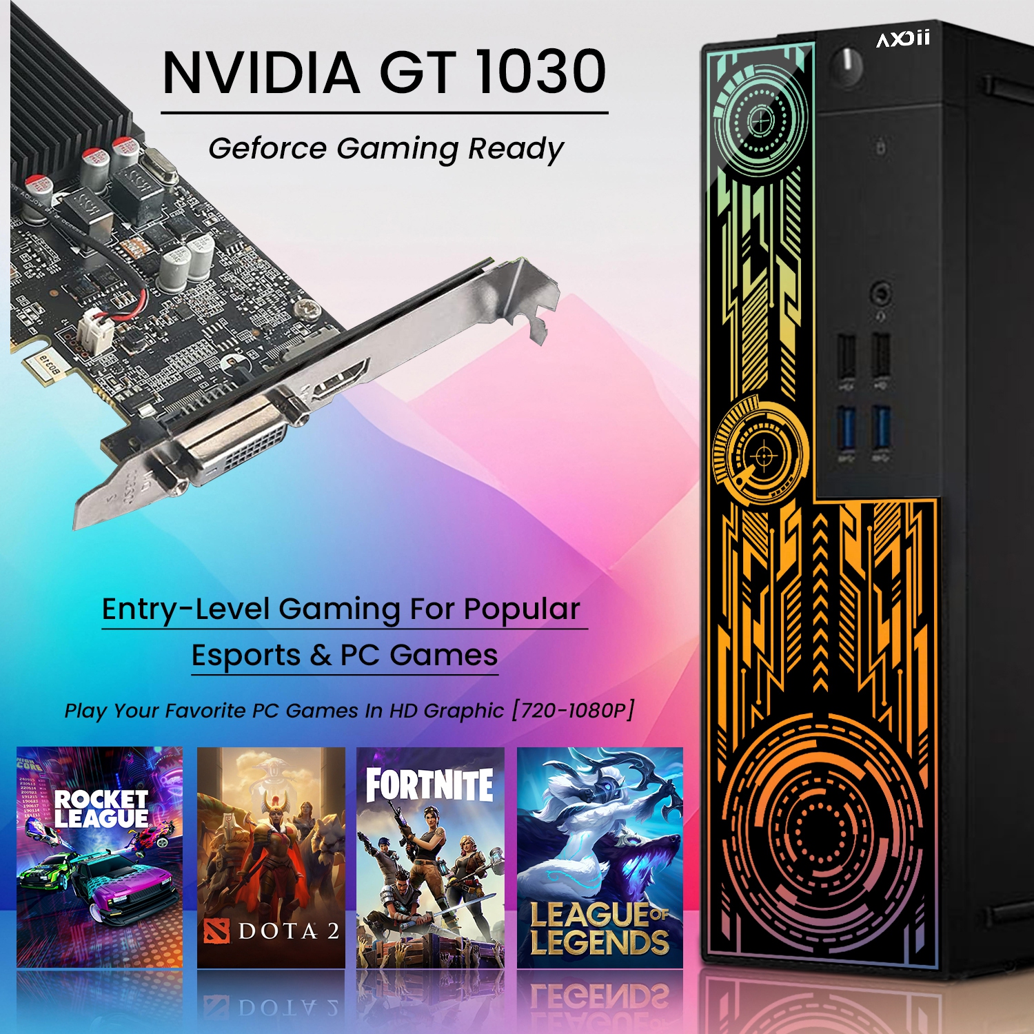 Refurbished - AXOII ELECTRA RGB Gaming PC Desktop Computer, Intel Core i7-6700 Upto 4.0GHz, GeForce GT 1030 2GB GDDR5, 16GB RAM, 1TB SSD, Wi-Fi,