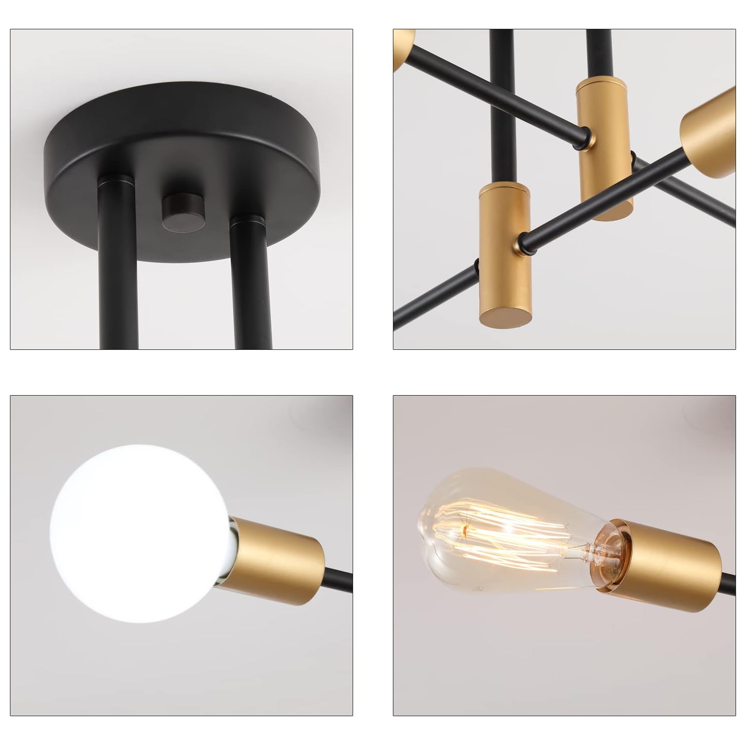Black and Gold Modern Sputnik Chandelier Ceiling Light Fixtures,4-Lights Mid Century Industrial Metal Semi Flush Mount Ceiling Lights for Bedroom