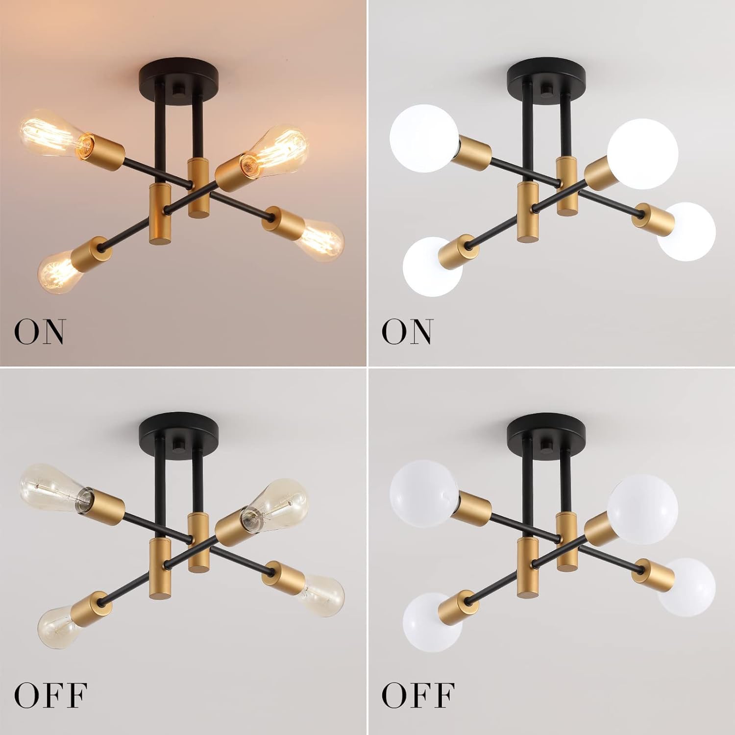 Black and Gold Modern Sputnik Chandelier Ceiling Light Fixtures,4-Lights Mid Century Industrial Metal Semi Flush Mount Ceiling Lights for Bedroom