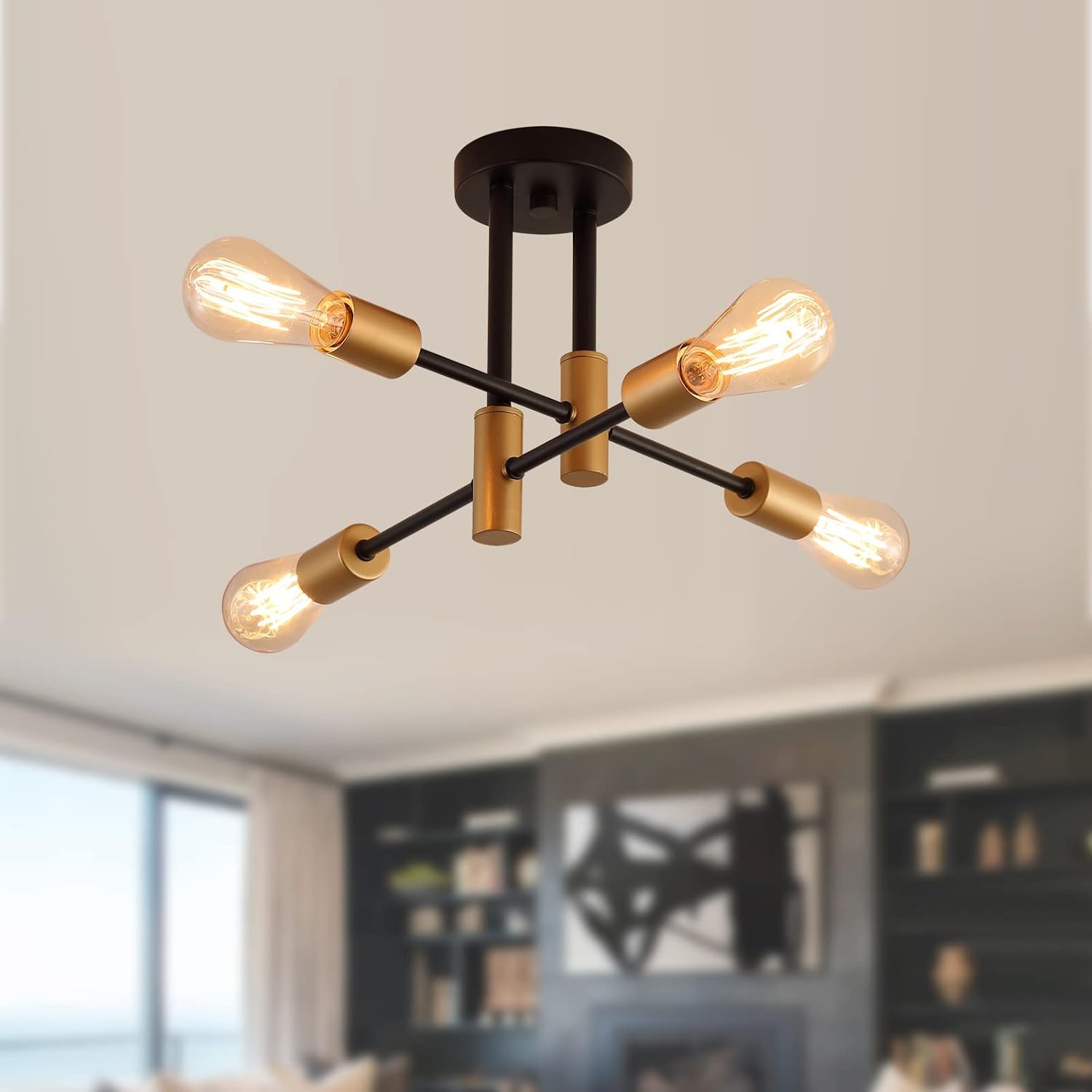 Black and Gold Modern Sputnik Chandelier Ceiling Light Fixtures,4-Lights Mid Century Industrial Metal Semi Flush Mount Ceiling Lights for Bedroom