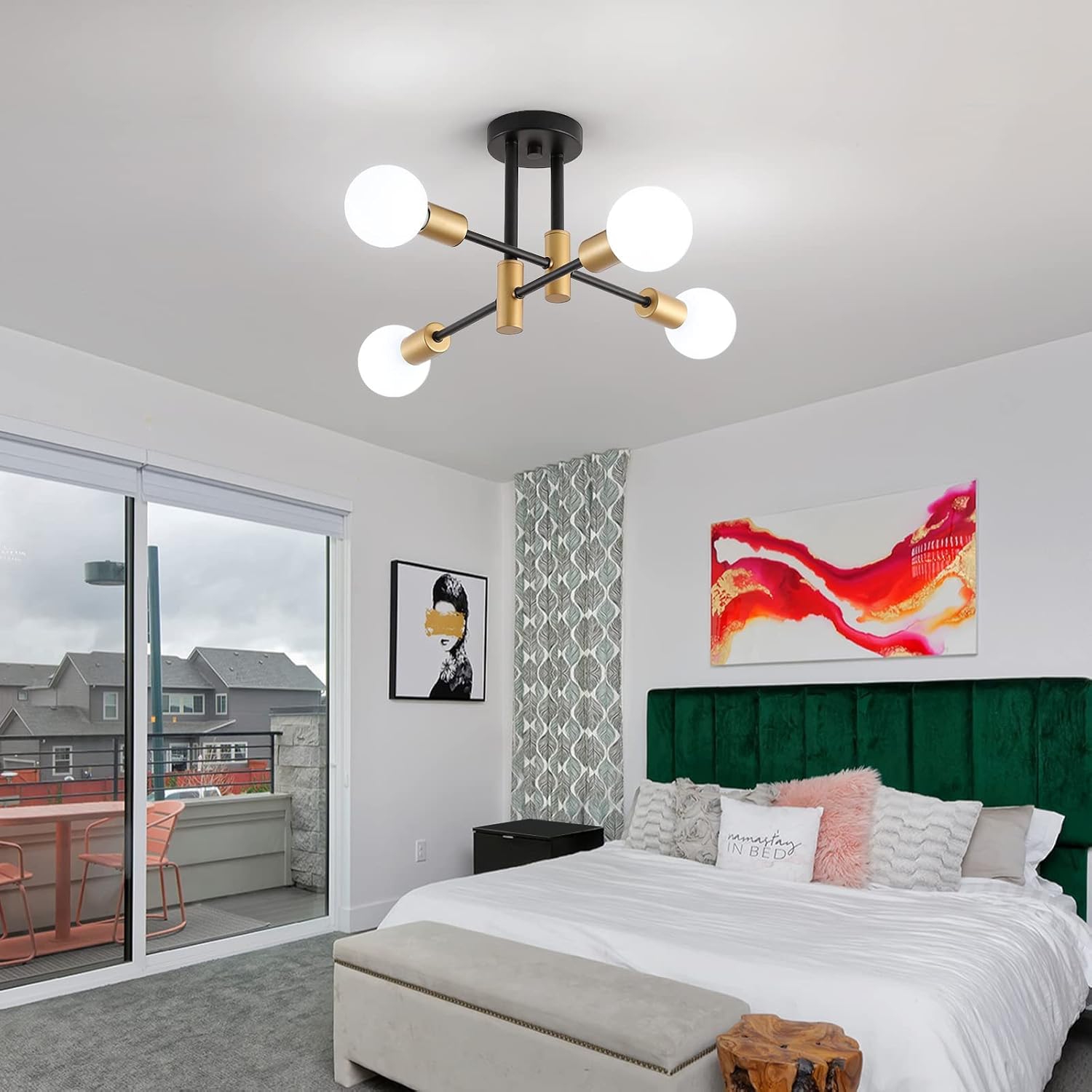 Black and Gold Modern Sputnik Chandelier Ceiling Light Fixtures,4-Lights Mid Century Industrial Metal Semi Flush Mount Ceiling Lights for Bedroom