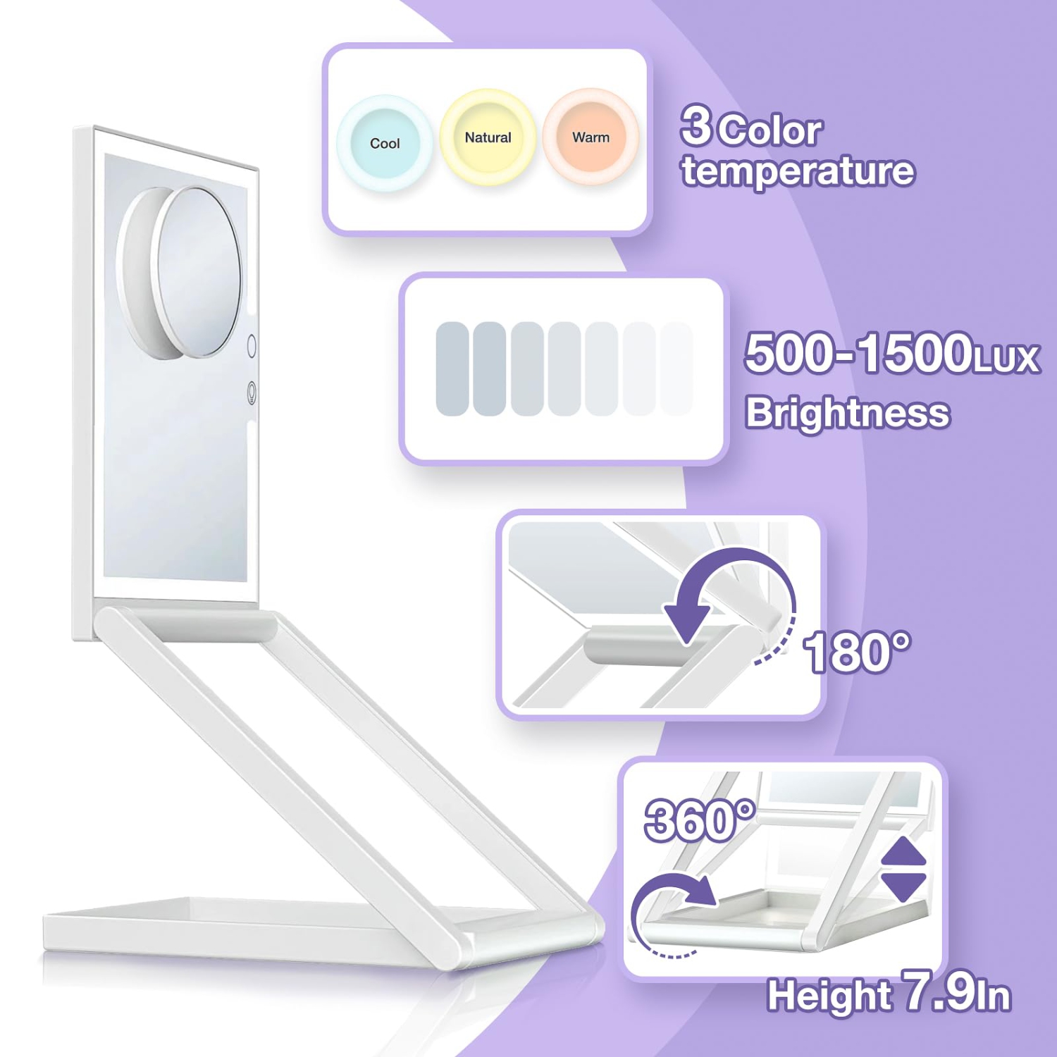 Travel Makeup Mirror with Lights 3 Color LED, 10X Magnifying, Adjustable Height 360 Rotation, Compact Folding Touch Screen Smart Cosmetic Mirror