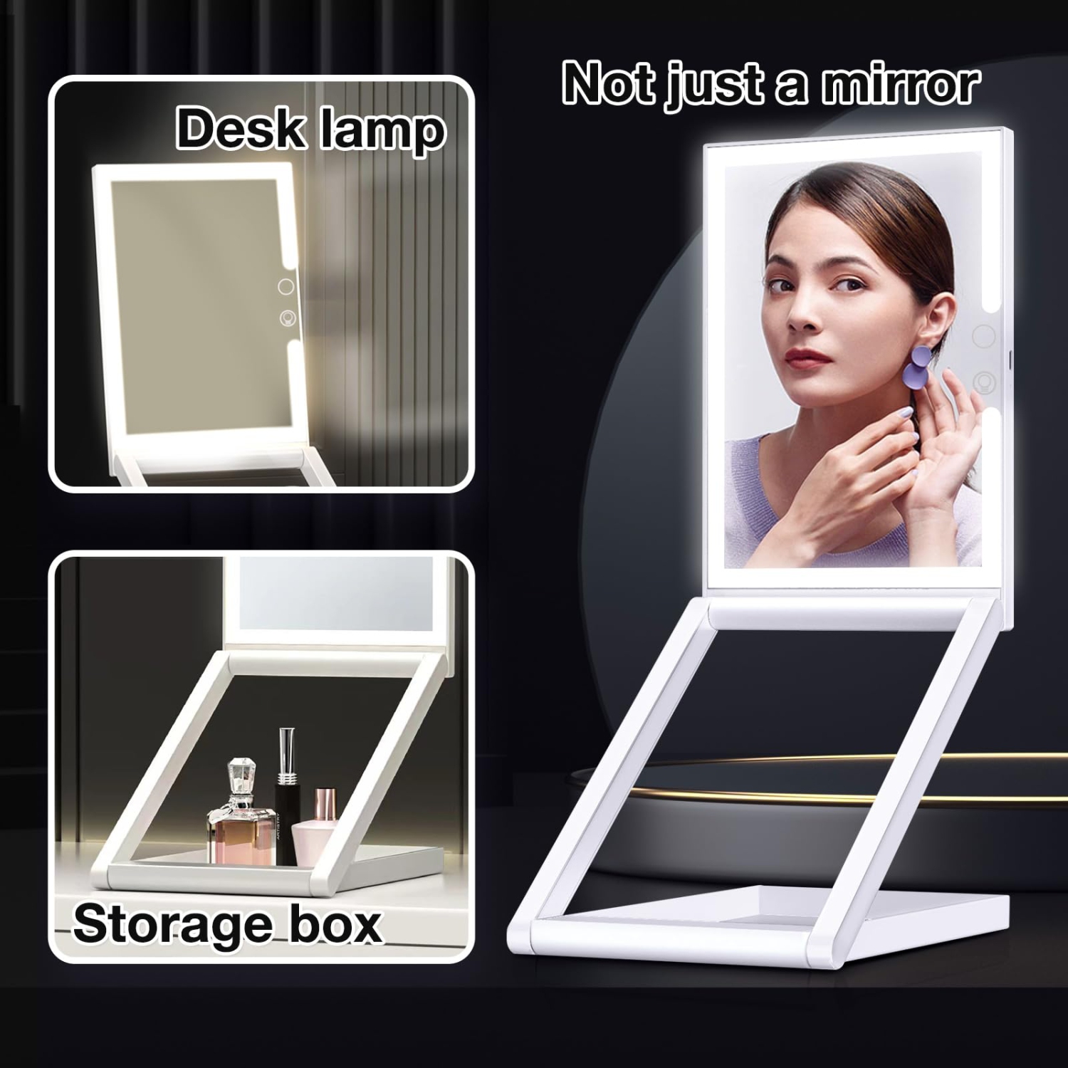 Travel Makeup Mirror with Lights 3 Color LED, 10X Magnifying, Adjustable Height 360 Rotation, Compact Folding Touch Screen Smart Cosmetic Mirror