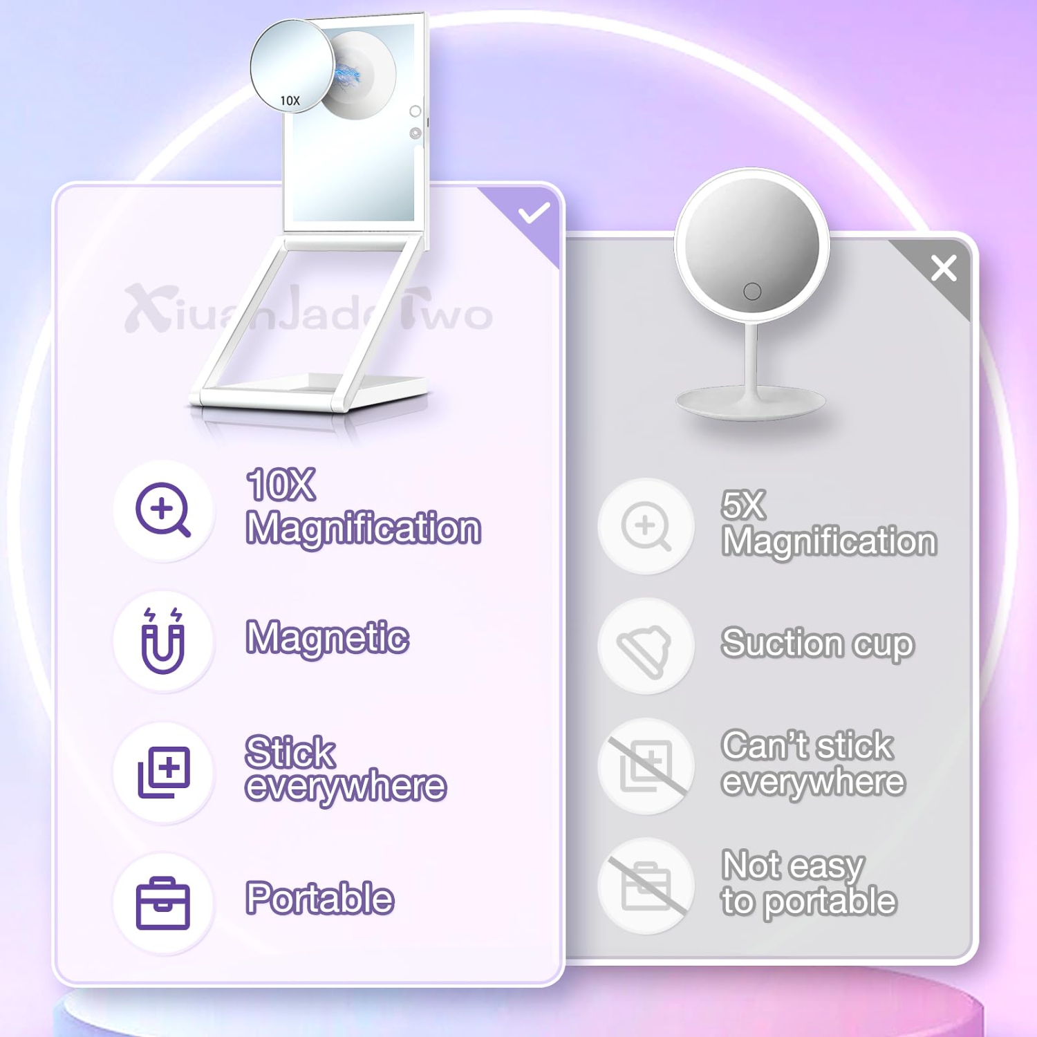 Travel Makeup Mirror with Lights 3 Color LED, 10X Magnifying, Adjustable Height 360 Rotation, Compact Folding Touch Screen Smart Cosmetic Mirror