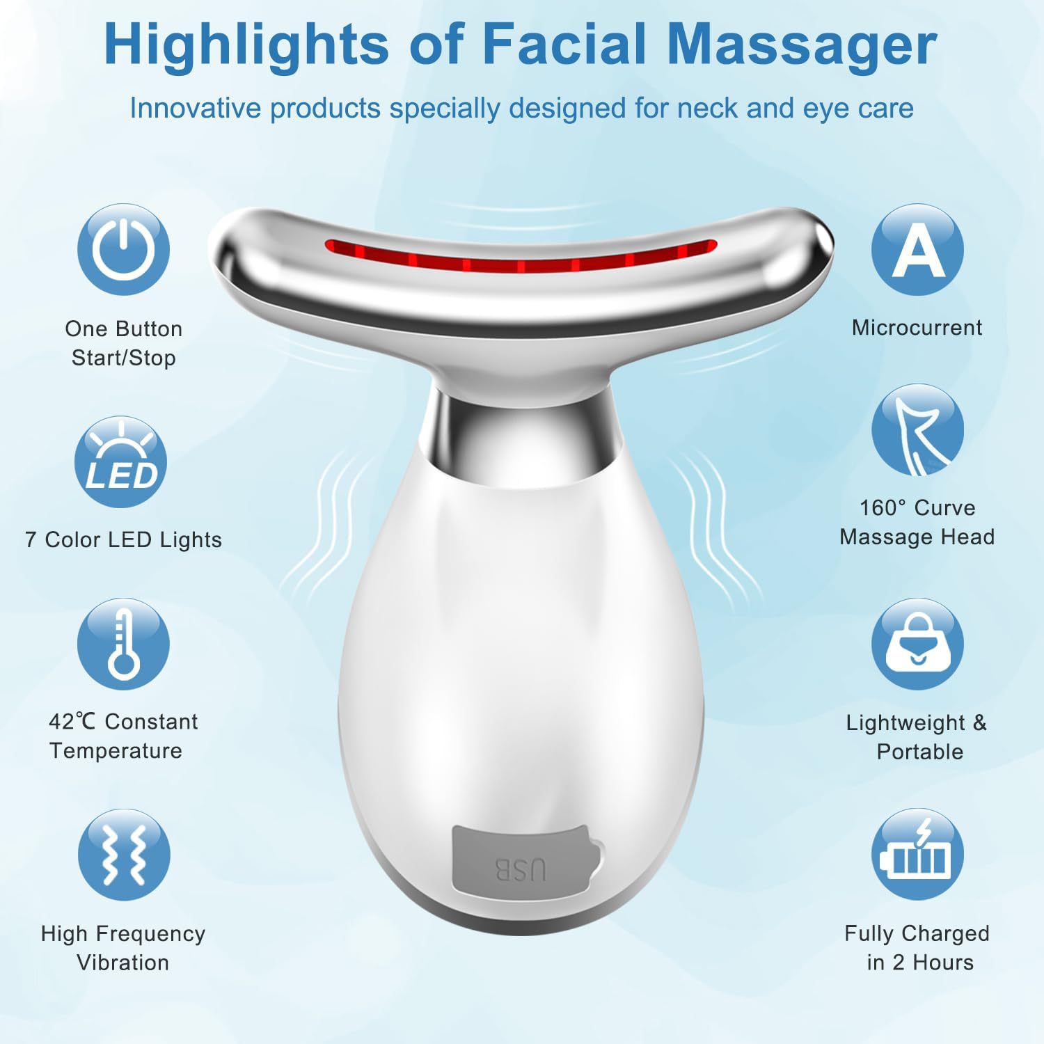 Face Massager, Neck Face Anti-Wrinkle 7 Colours Electric Face Massager 3 Modes Face Lifting Device for Skin Care, Firming and Improvement