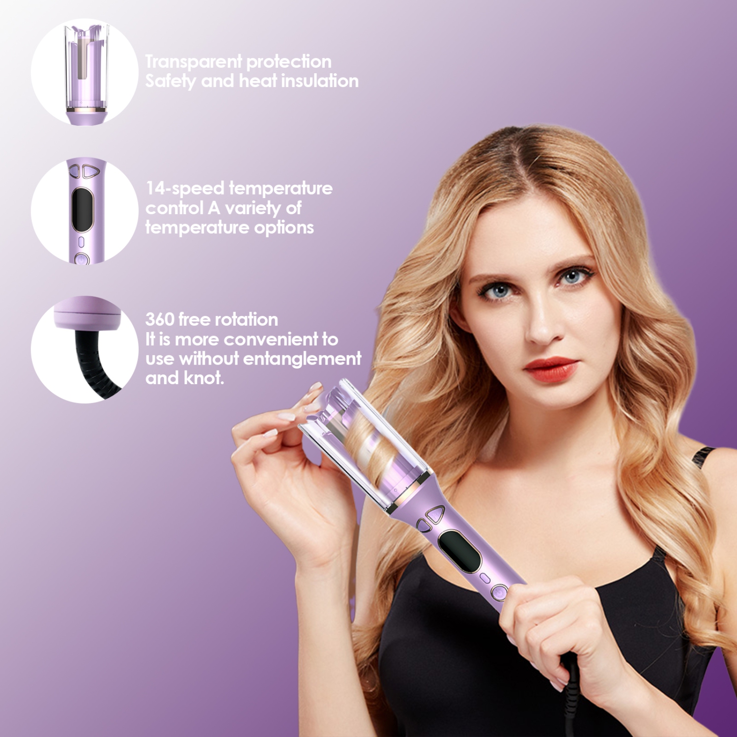 Automatic Curling Iron,Auto Hair Curler with Large Rotating Barrel & Adjustable Temp & Timer,Anti-Tangle & Anti-Scald,Fast Heating Hair Curling Wand