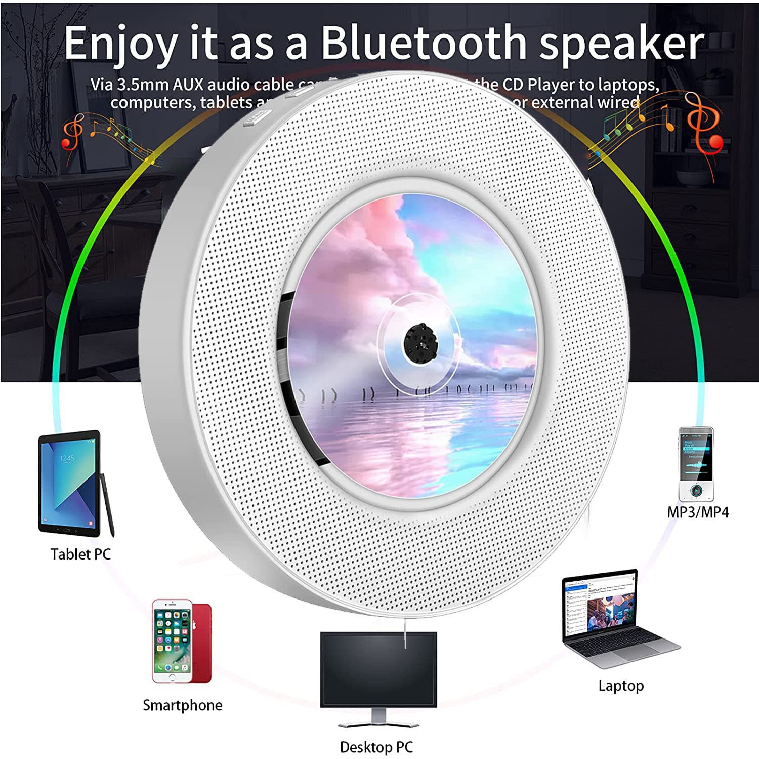 CD Players for Home,Bluetooth Wall Mountable CD Music,Portable CD Player with Remote Control FM Radio Built-in HiFi Speakers LCD Display