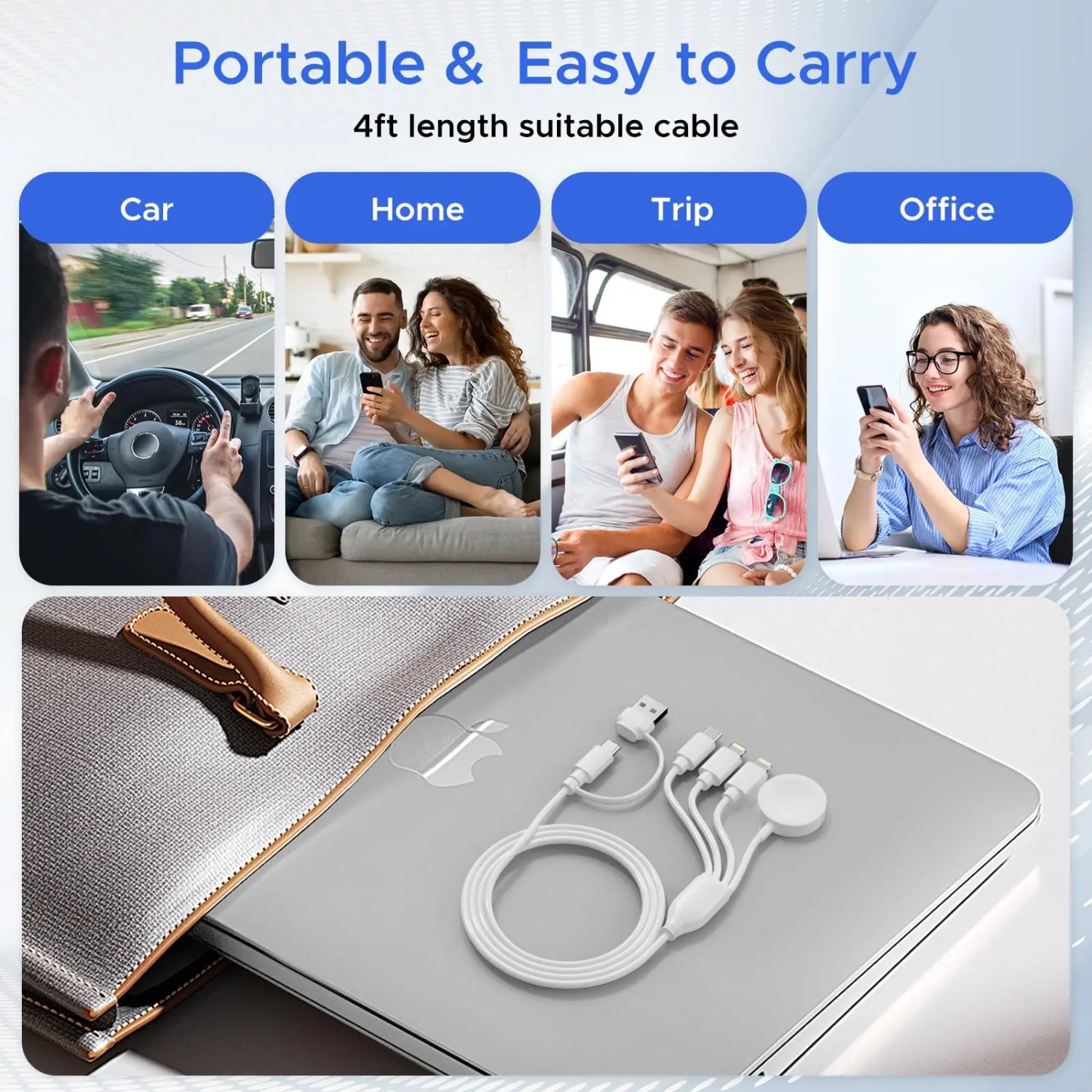 Câble de recharge multiple 4-en-2 pour Apple Watch Chargeur USB-C Chargeur de voyage Compatible avec les iPhone 15 14 13 iWatch Series