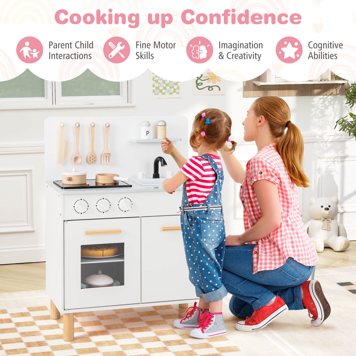 Ensemble de cuisine pour enfants de Costway avec cuisinière lumineuse et robinet d'évier de four à sons de cuisson