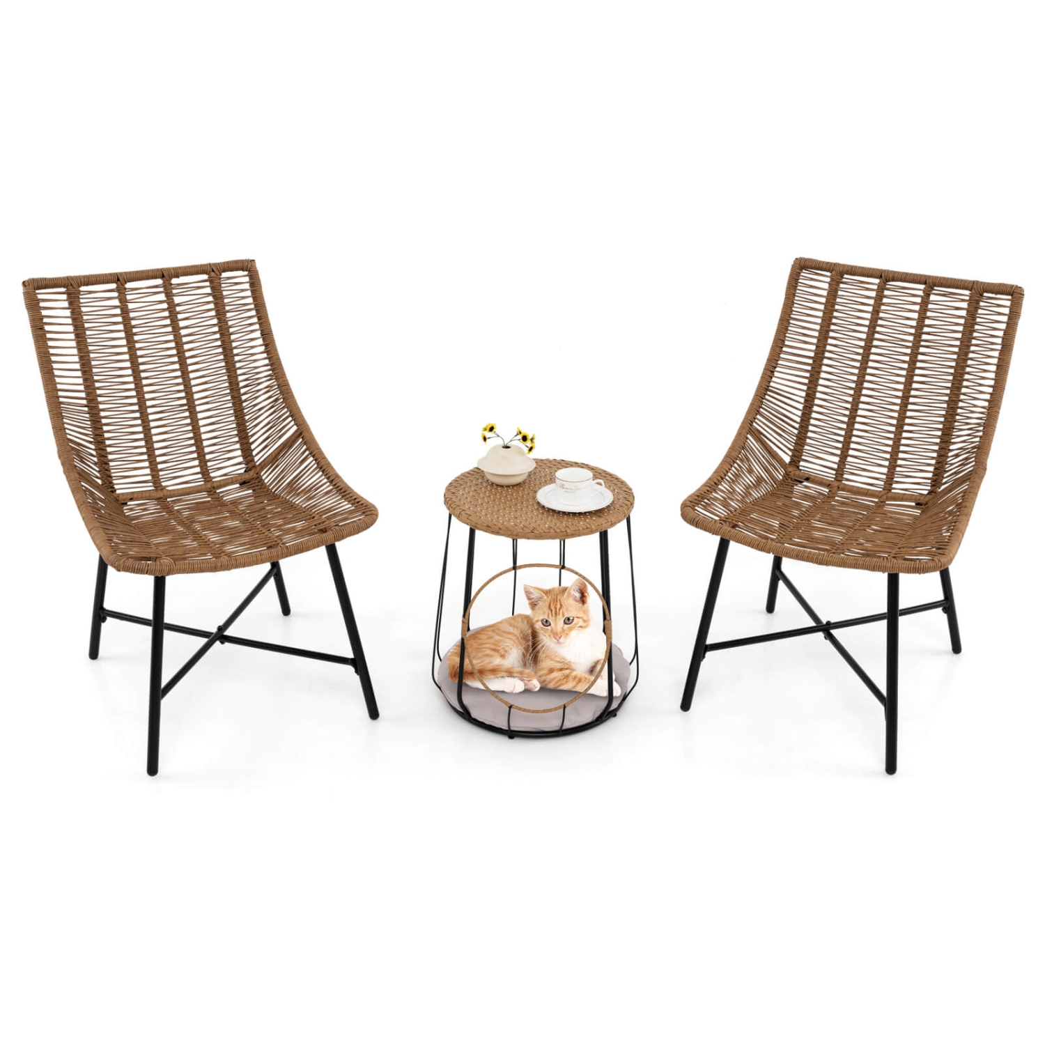 Costway 3 PCS Outdoor Furniture Set with Pet House & Heavy Duty Metal Frame Brown