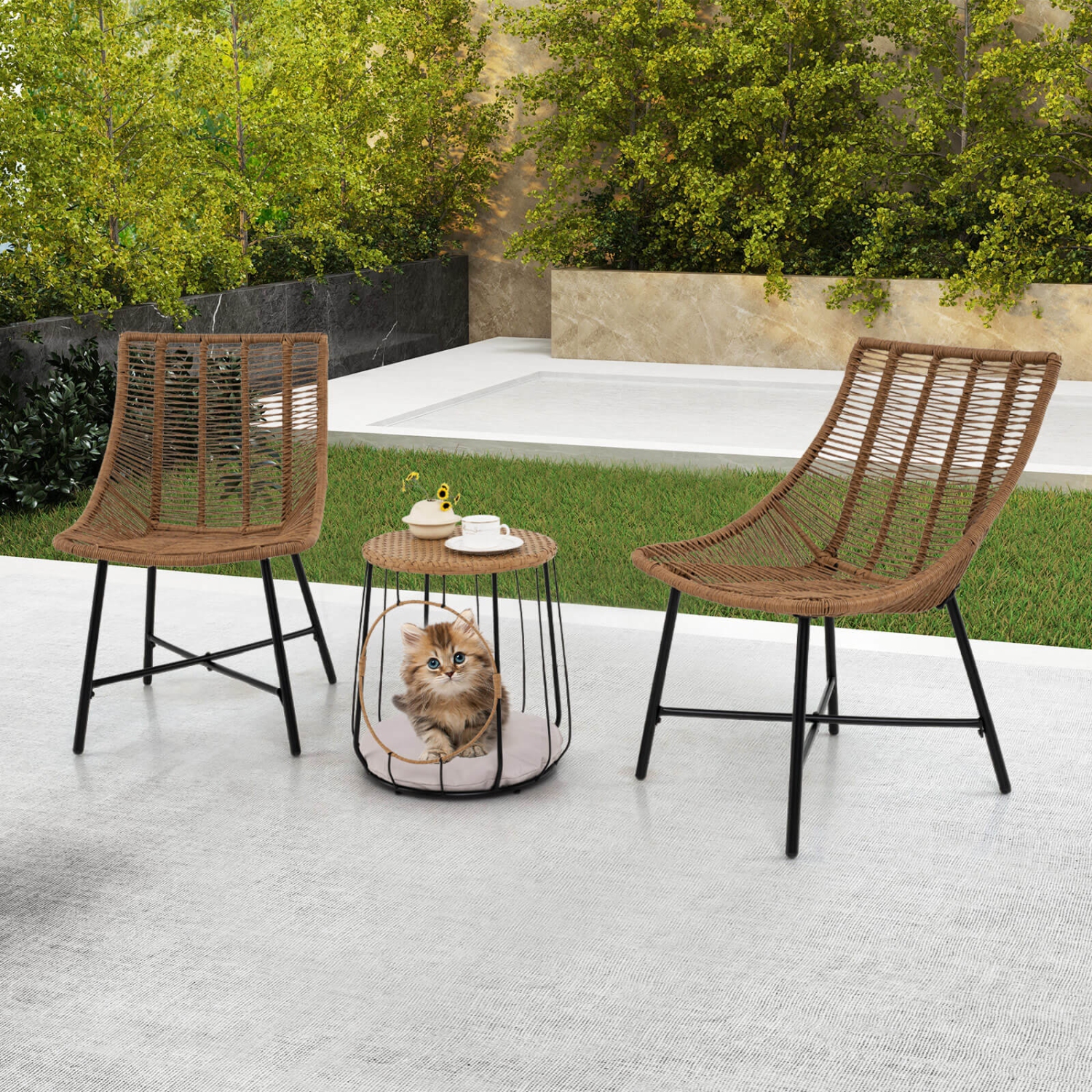 Costway 3 PCS Outdoor Furniture Set with Pet House & Heavy Duty Metal Frame Brown