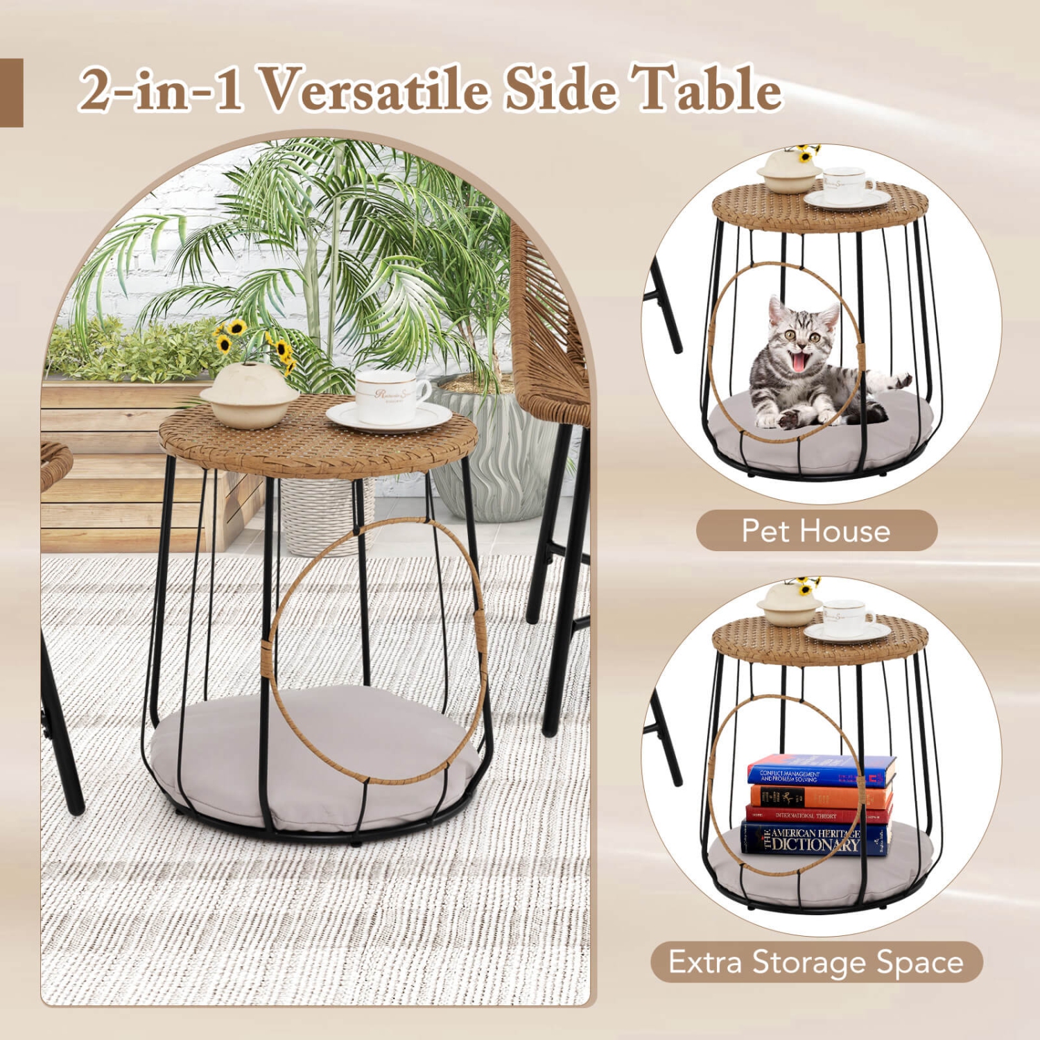 Costway 3 PCS Outdoor Furniture Set with Pet House & Heavy Duty Metal Frame Brown