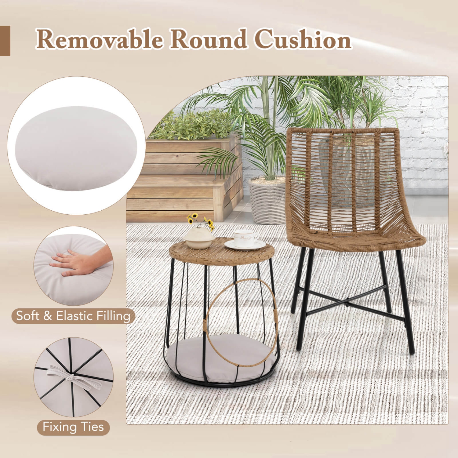 Costway 3 PCS Outdoor Furniture Set with Pet House & Heavy Duty Metal Frame Brown