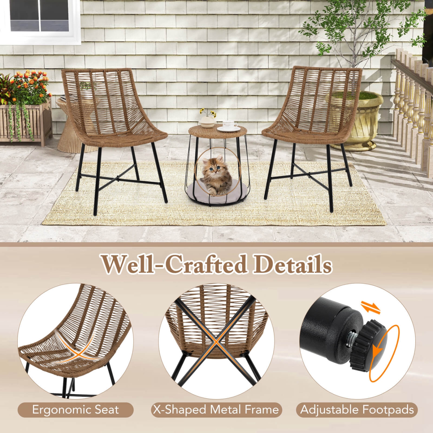 Costway 3 PCS Outdoor Furniture Set with Pet House & Heavy Duty Metal Frame Brown