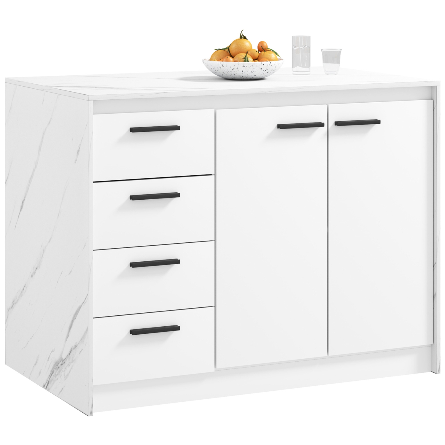Îlot de cuisine moderne de HOMCOM avec 4 tiroirs, armoire à 2 portes et tablette ajustable, armoire de bar à café pour salle à manger, faux marbre et