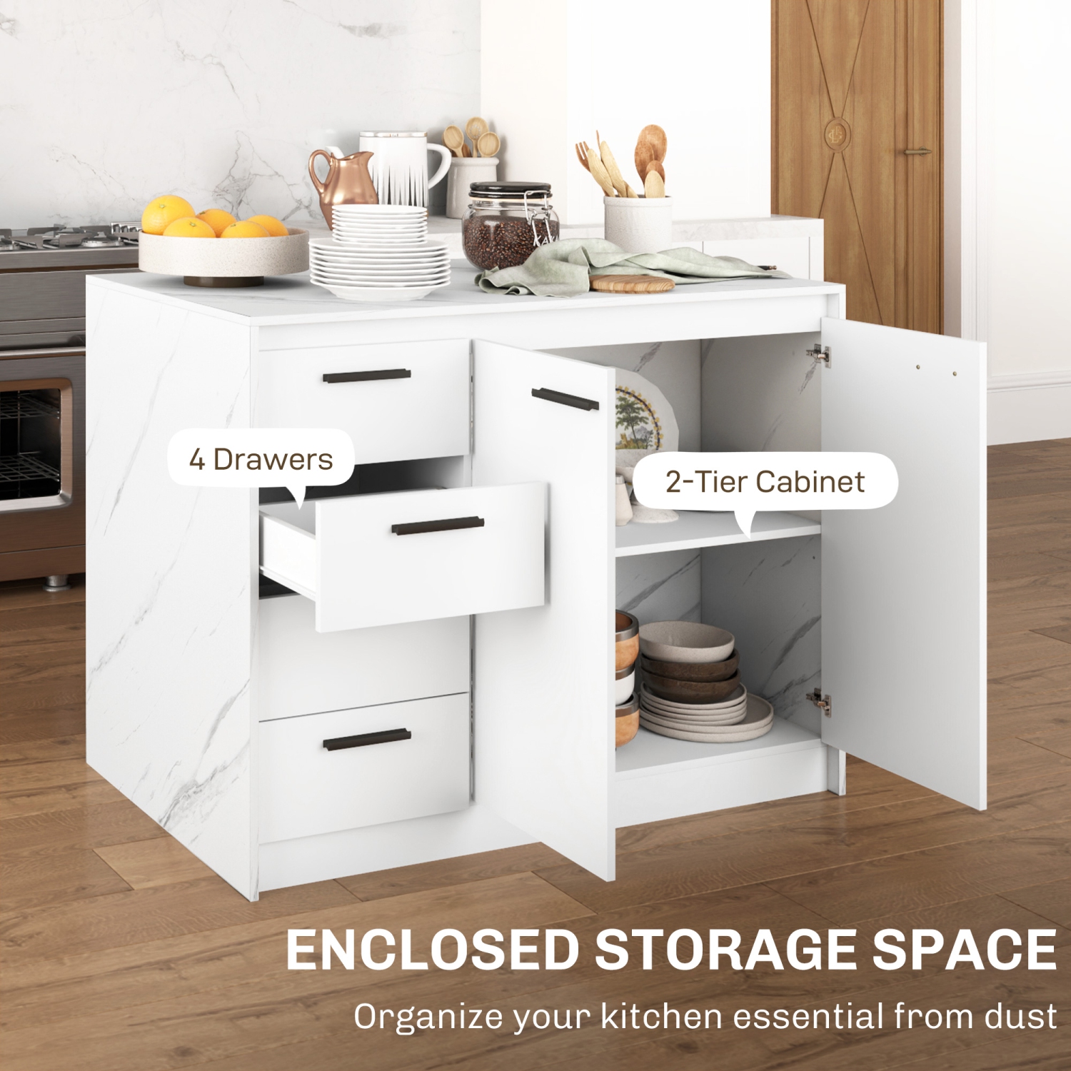 Îlot de cuisine moderne de HOMCOM avec 4 tiroirs, armoire à 2 portes et tablette ajustable, armoire de bar à café pour salle à manger, faux marbre et