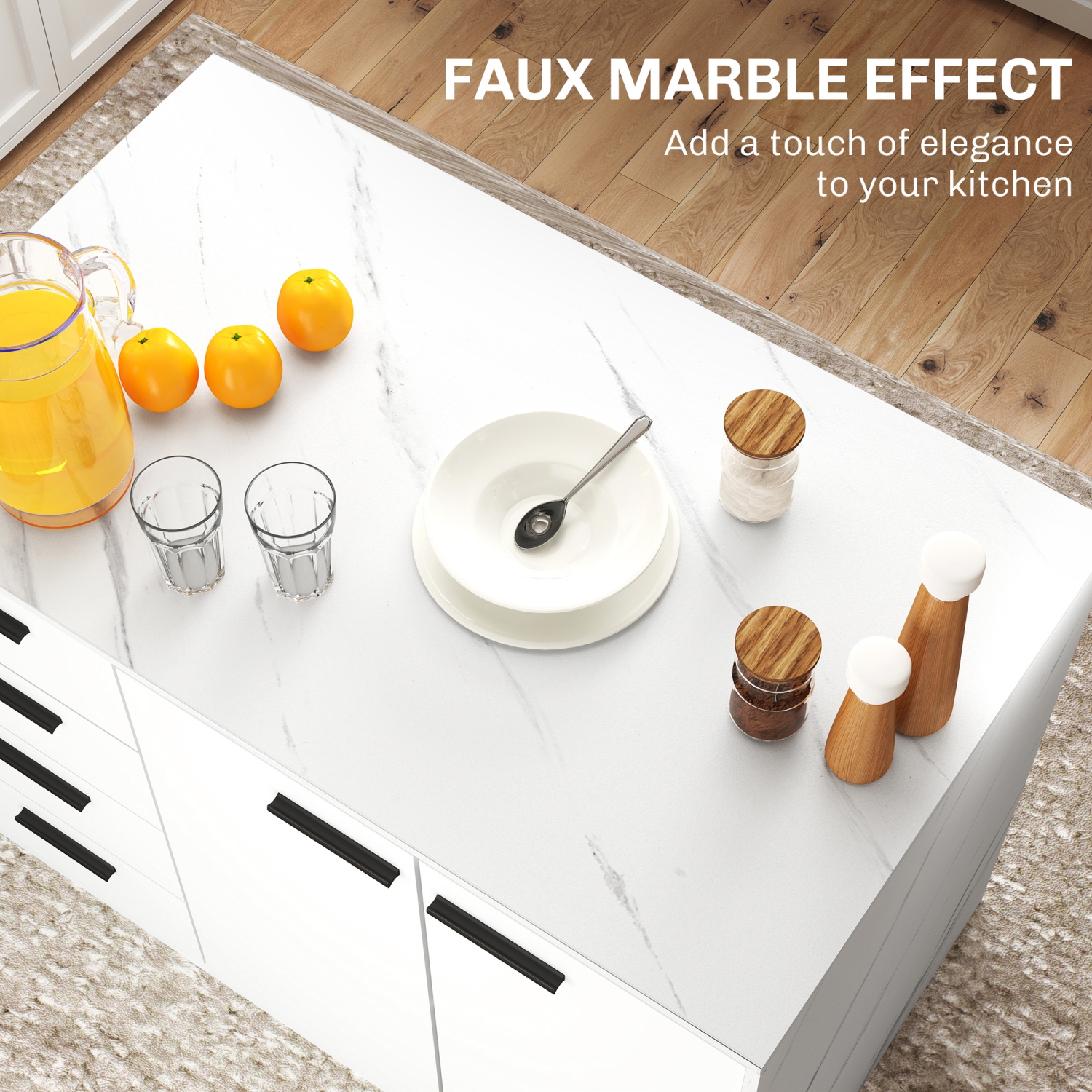 Îlot de cuisine moderne de HOMCOM avec 4 tiroirs, armoire à 2 portes et tablette ajustable, armoire de bar à café pour salle à manger, faux marbre et