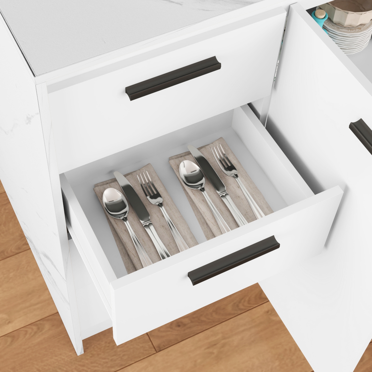 Îlot de cuisine moderne de HOMCOM avec 4 tiroirs, armoire à 2 portes et tablette ajustable, armoire de bar à café pour salle à manger, faux marbre et