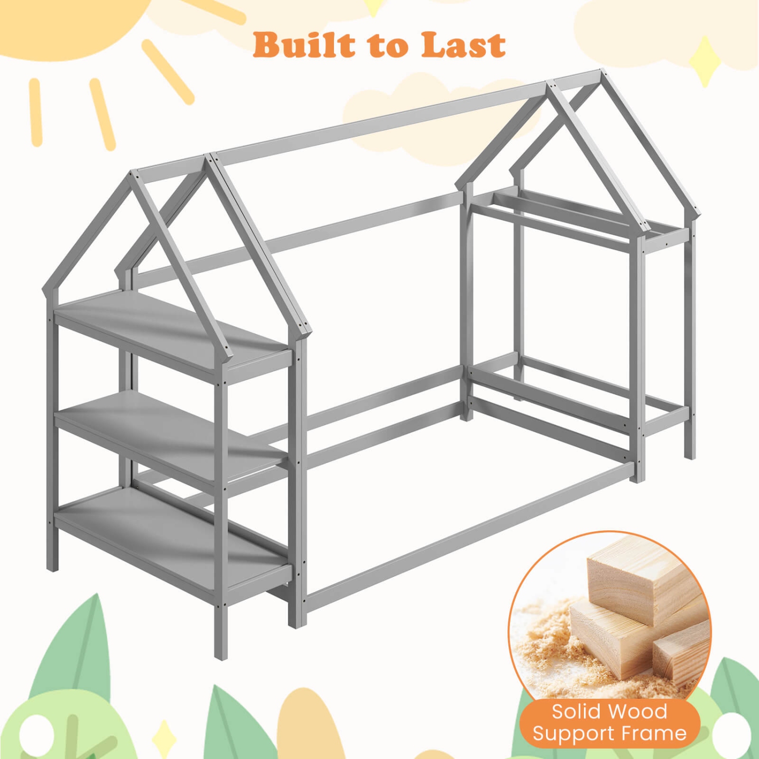 Costway Twin Size House Bed Montessori Floor Bed with Detachable Storage Shelves